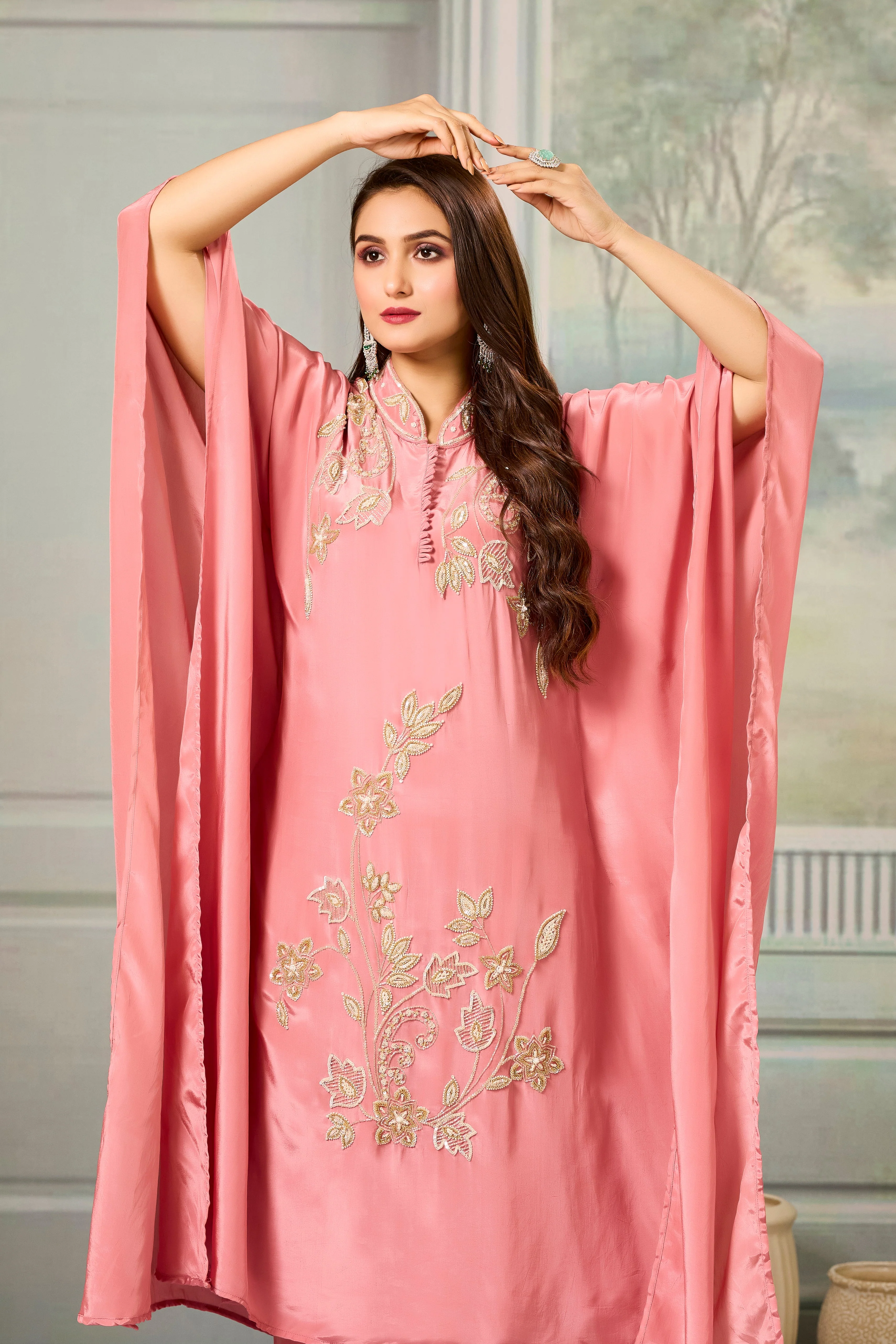 Peach Handwork Crepe Silk Kaftan Set - Image 2