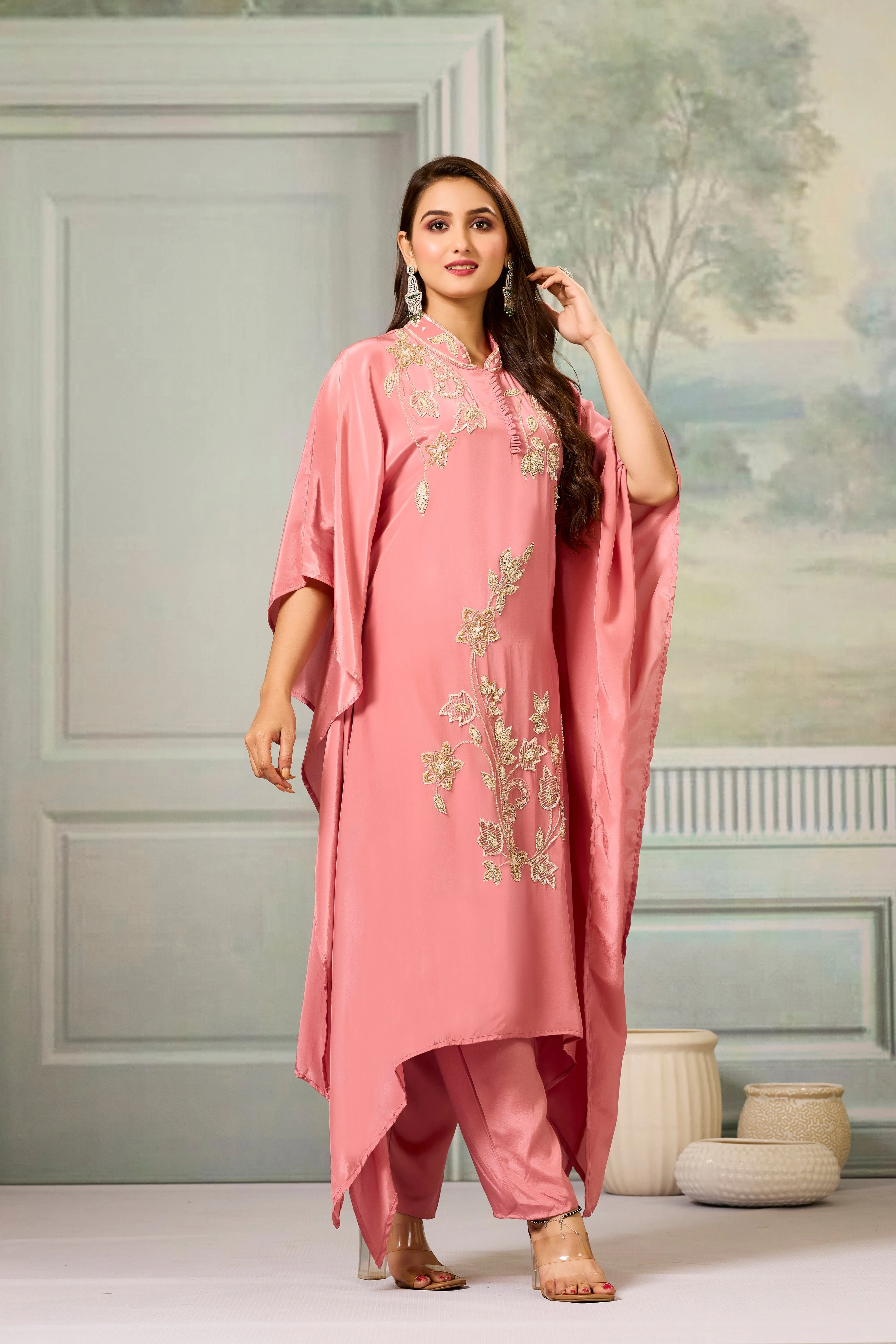 Peach Handwork Crepe Silk Kaftan Set - Image 3