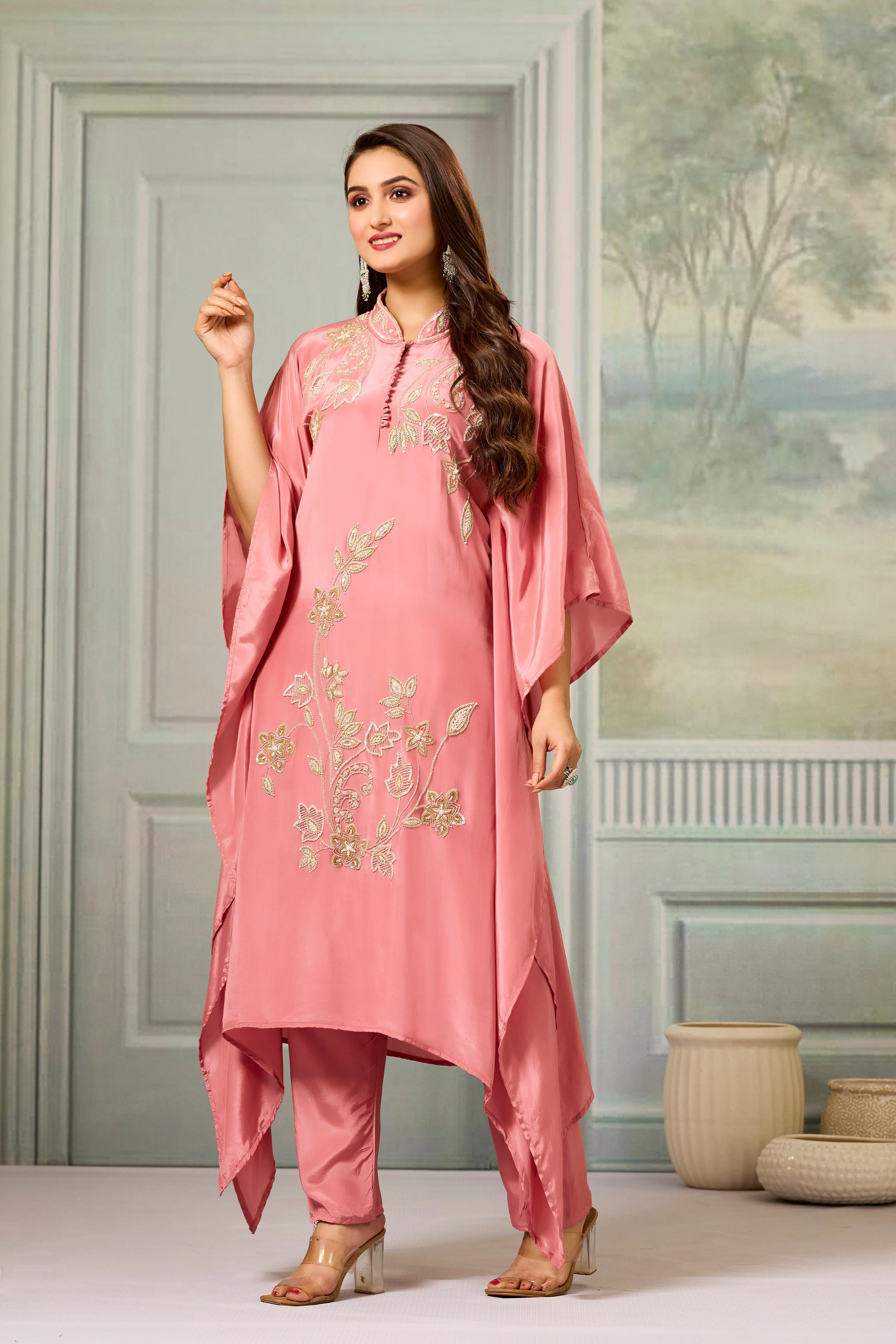 Peach Handwork Crepe Silk Kaftan Set - Image 4