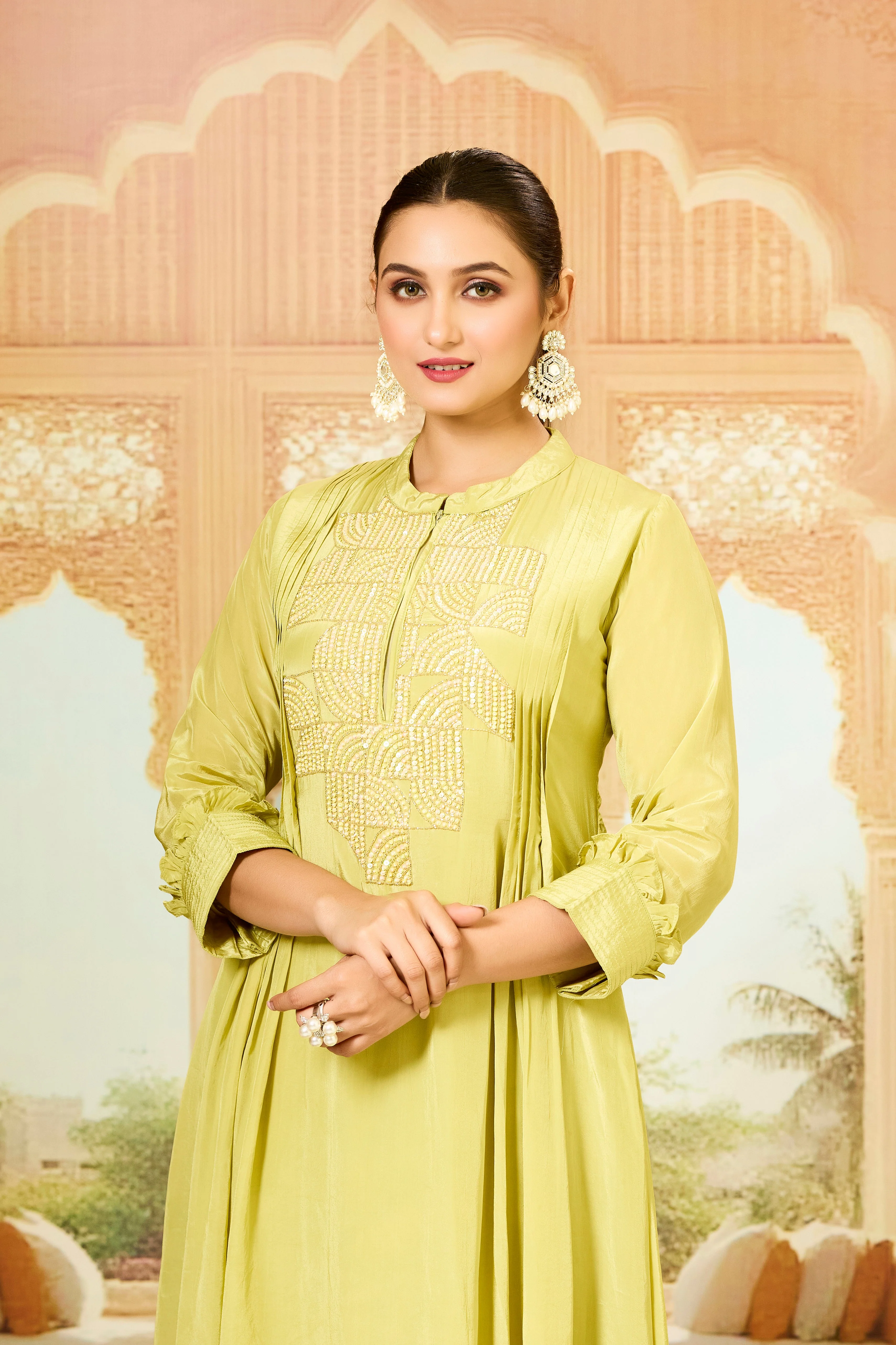Pear Green Handwork Crepe Silk Kurta & Pant Set - Image 3