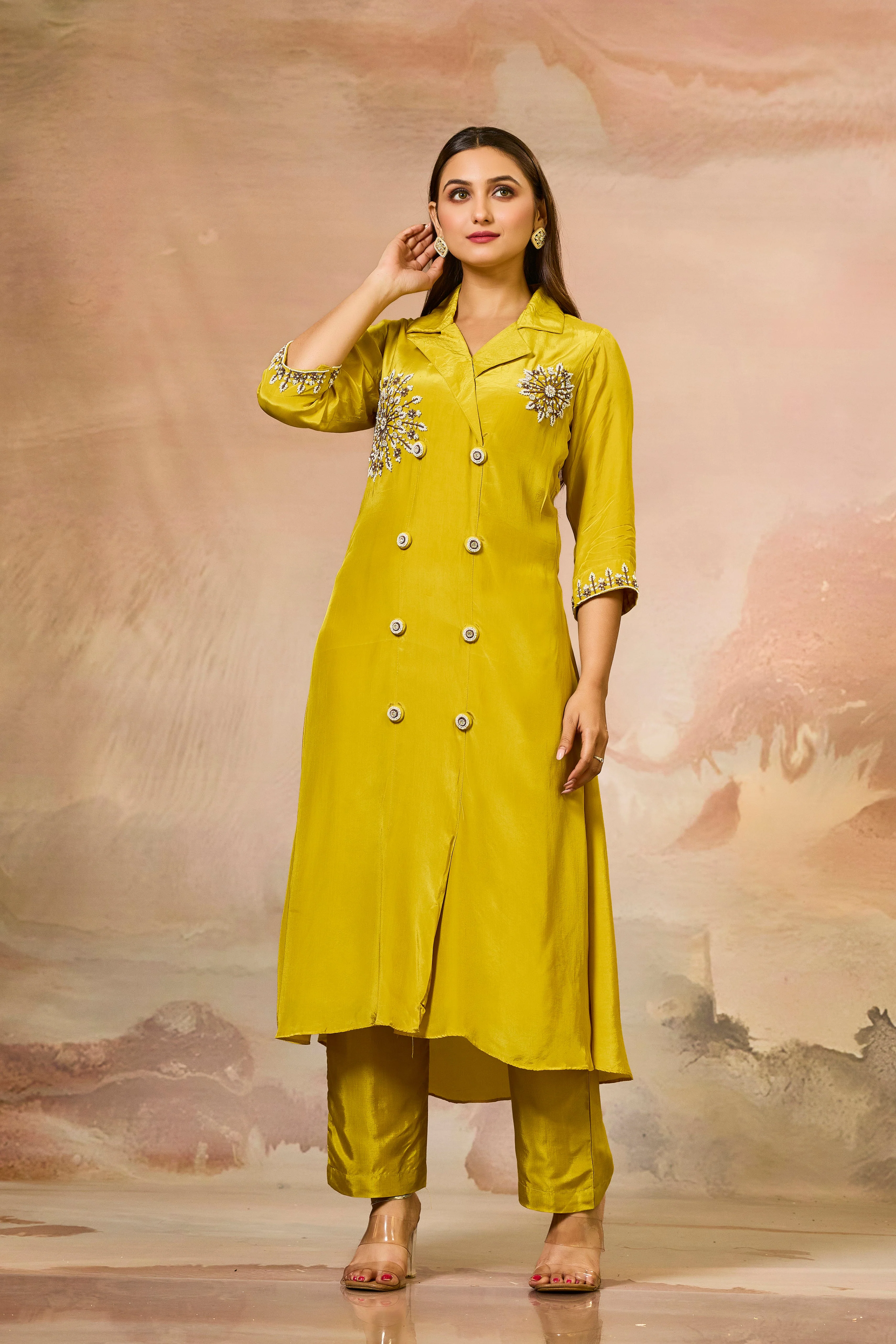 Mustard Handwork Crepe Silk Kurta & Pant Set