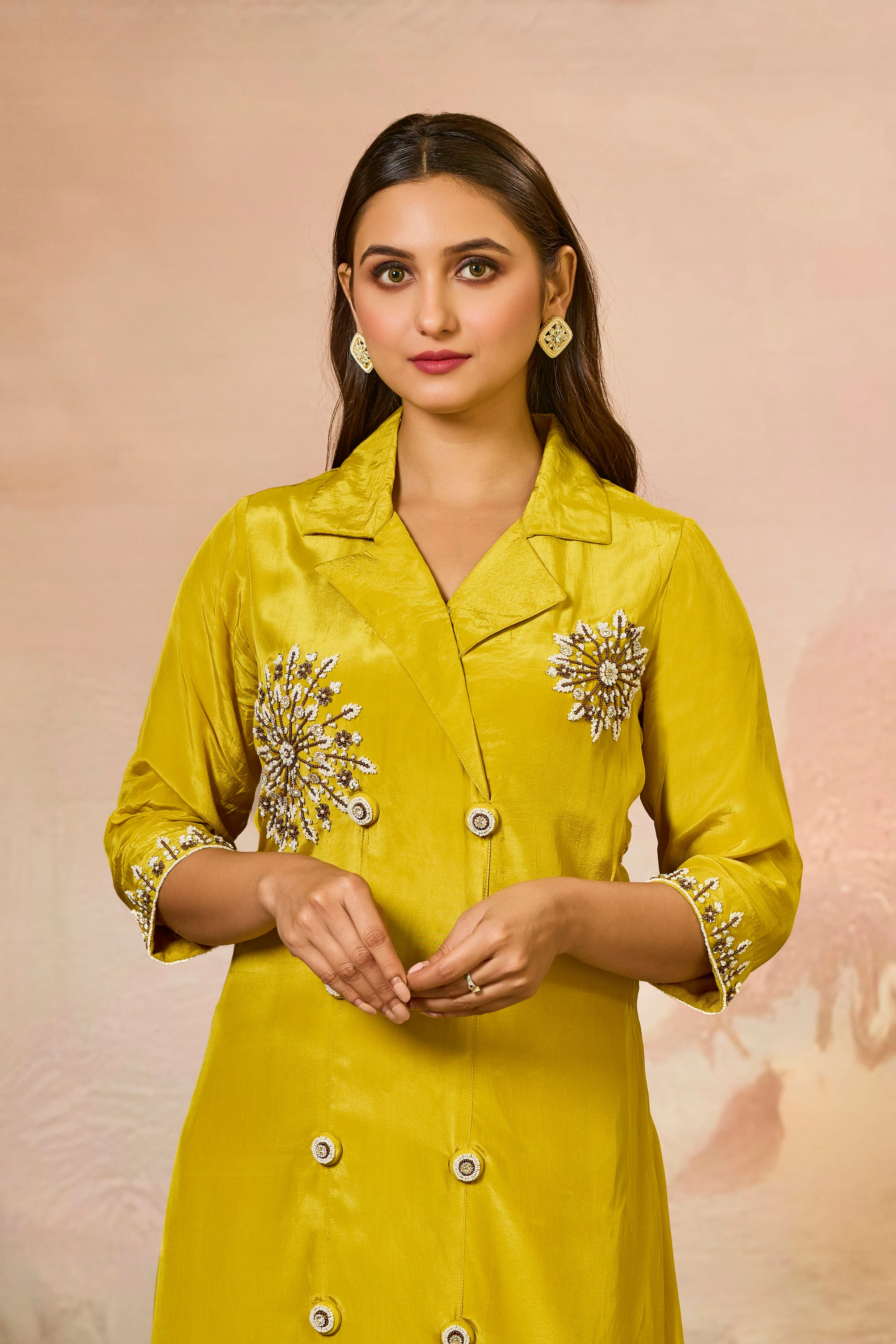 Mustard Handwork Crepe Silk Kurta & Pant Set - Image 2