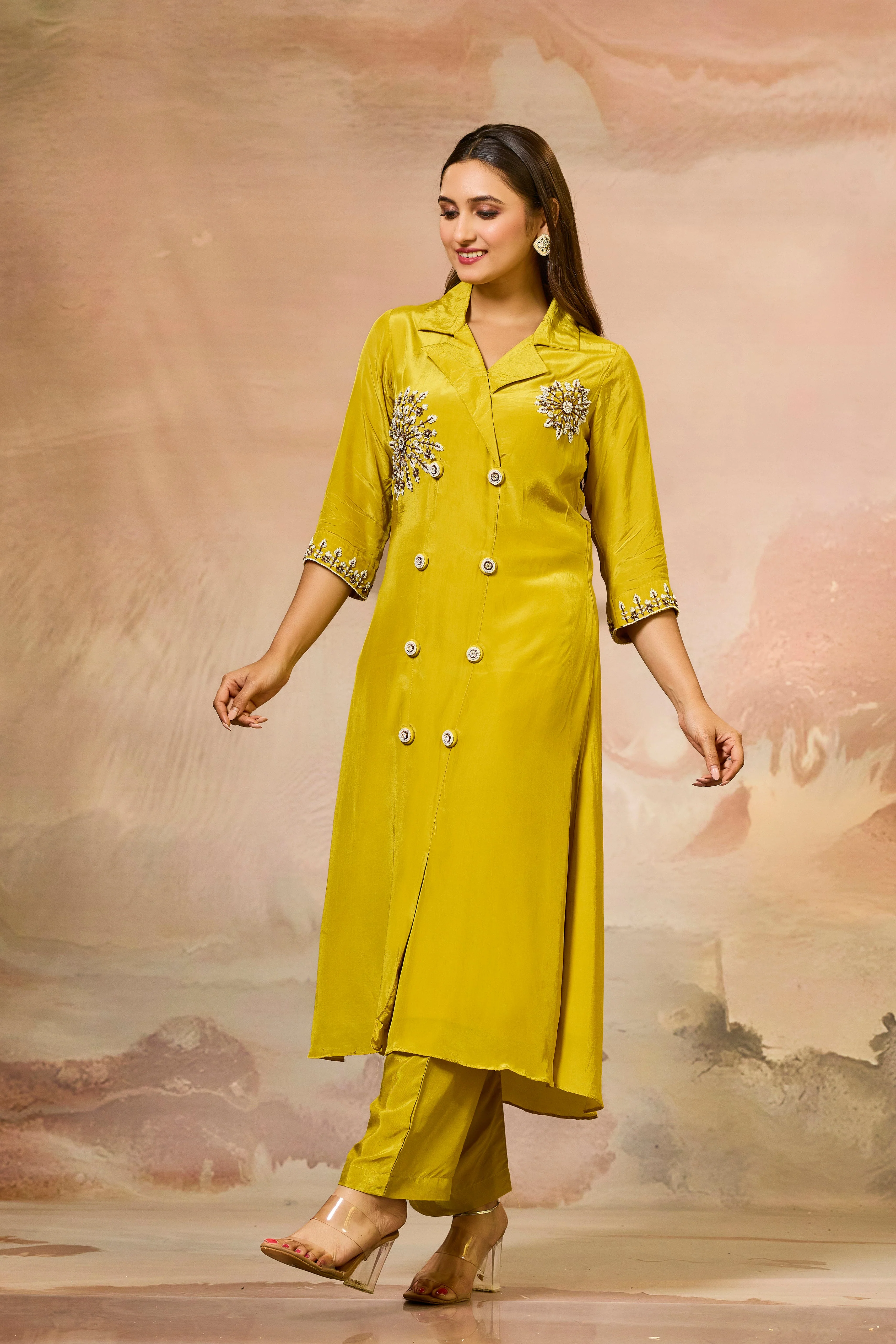 Mustard Handwork Crepe Silk Kurta & Pant Set - Image 3