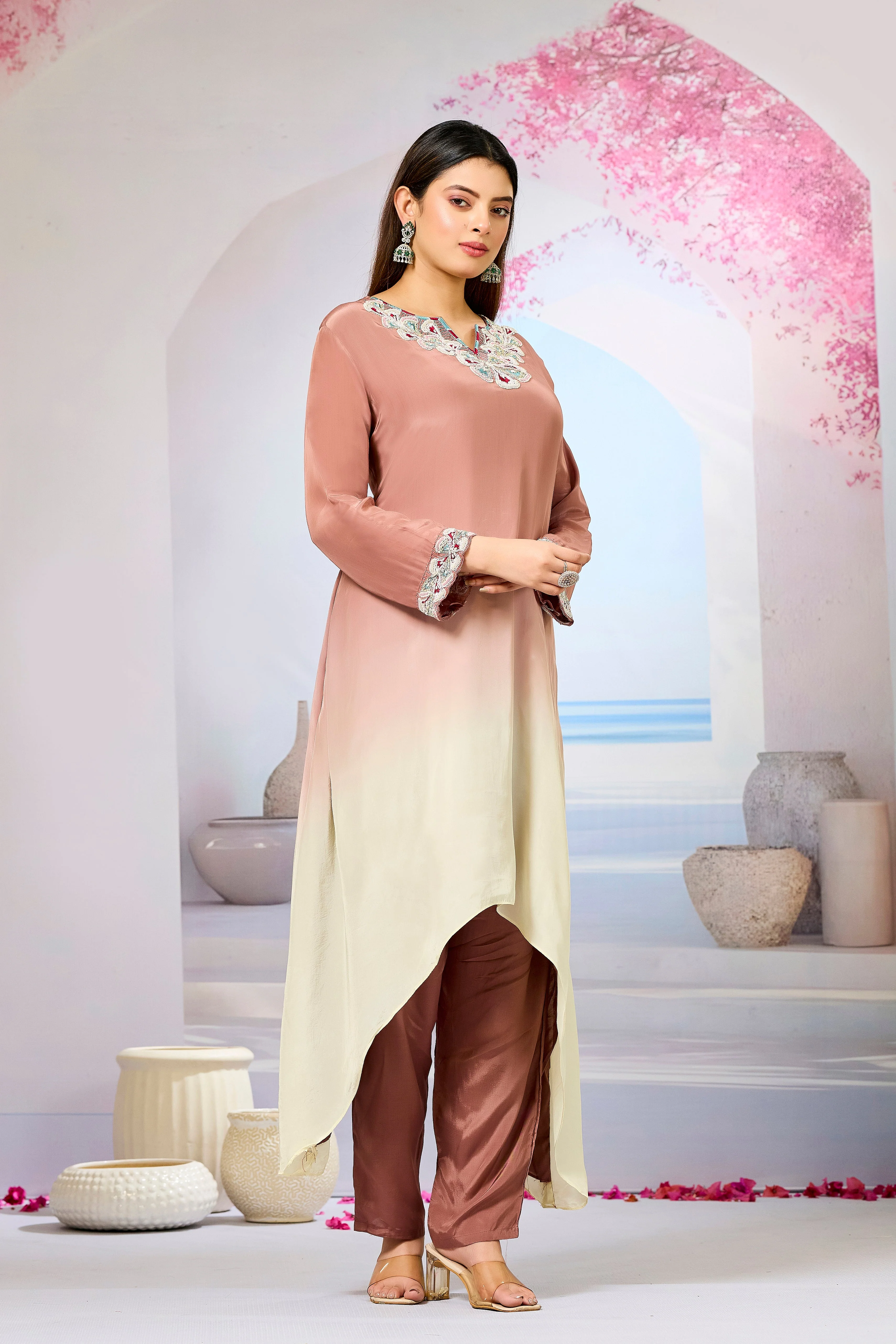 Brown Ombre-Dyed Crepe Silk Kurta & Pant Set - Image 3