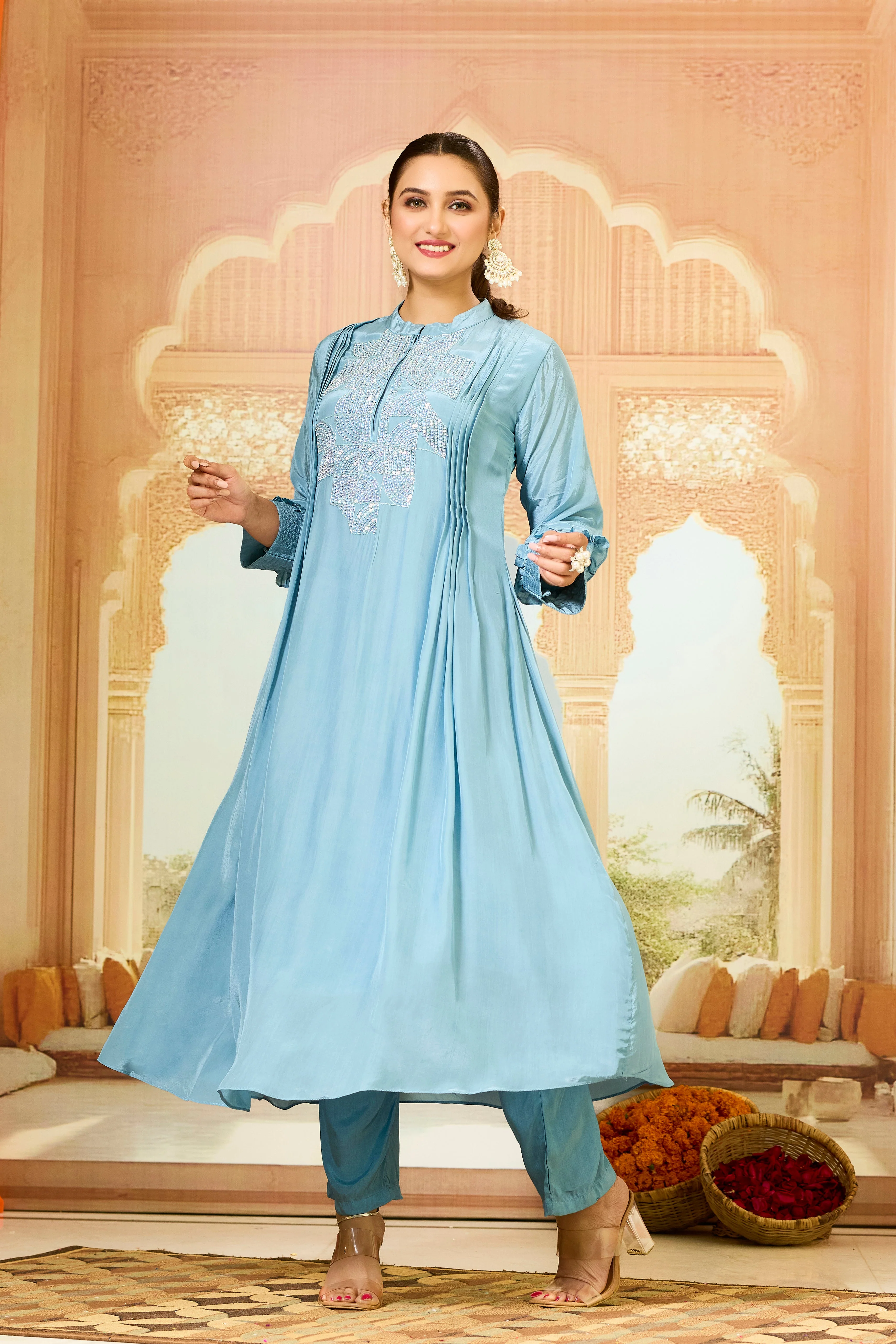 Sky Blue Handwork Crepe Silk Kurta & Pant Set - Image 3