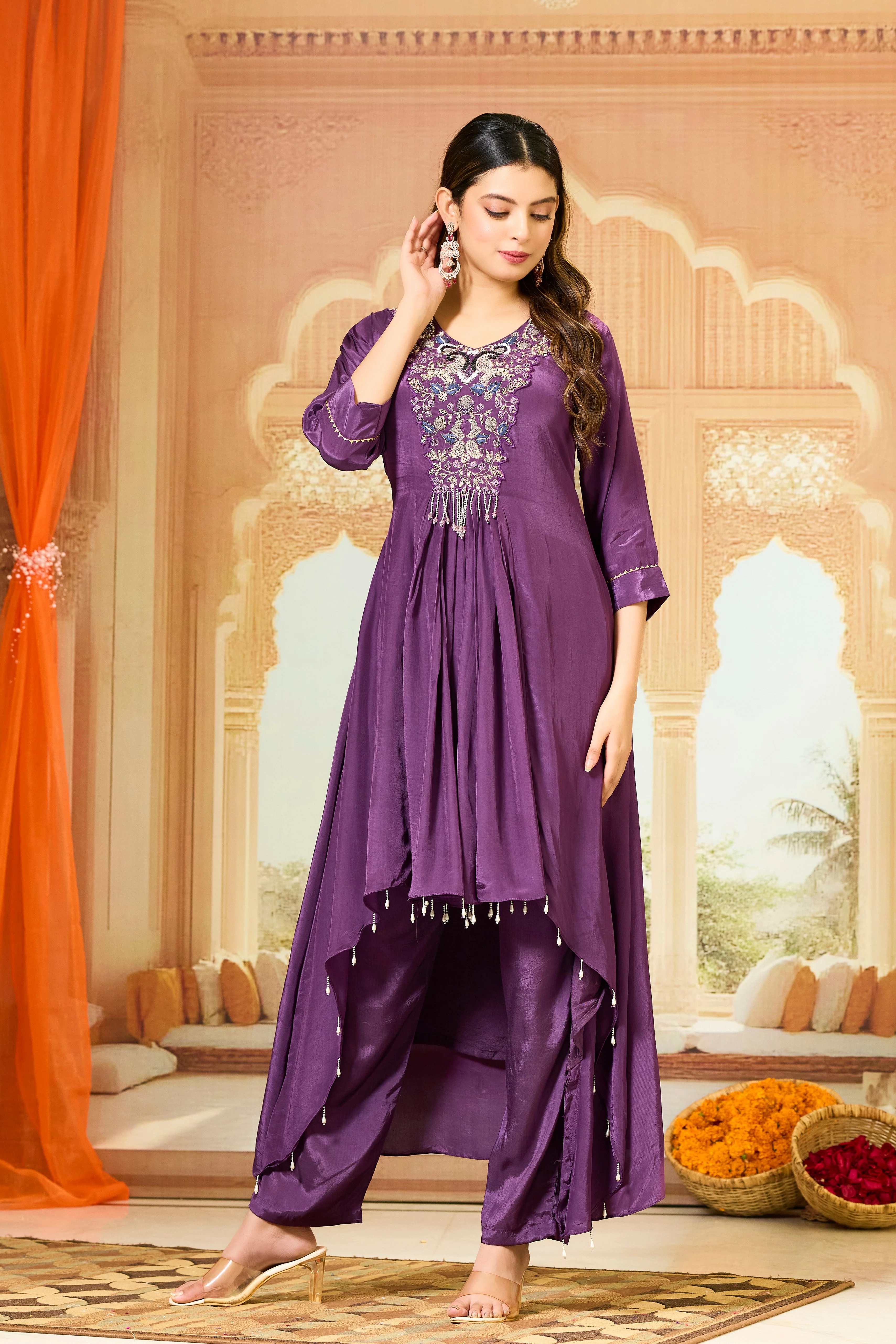Purple Handwork Crepe Silk Kurta & Pant Set - Image 3