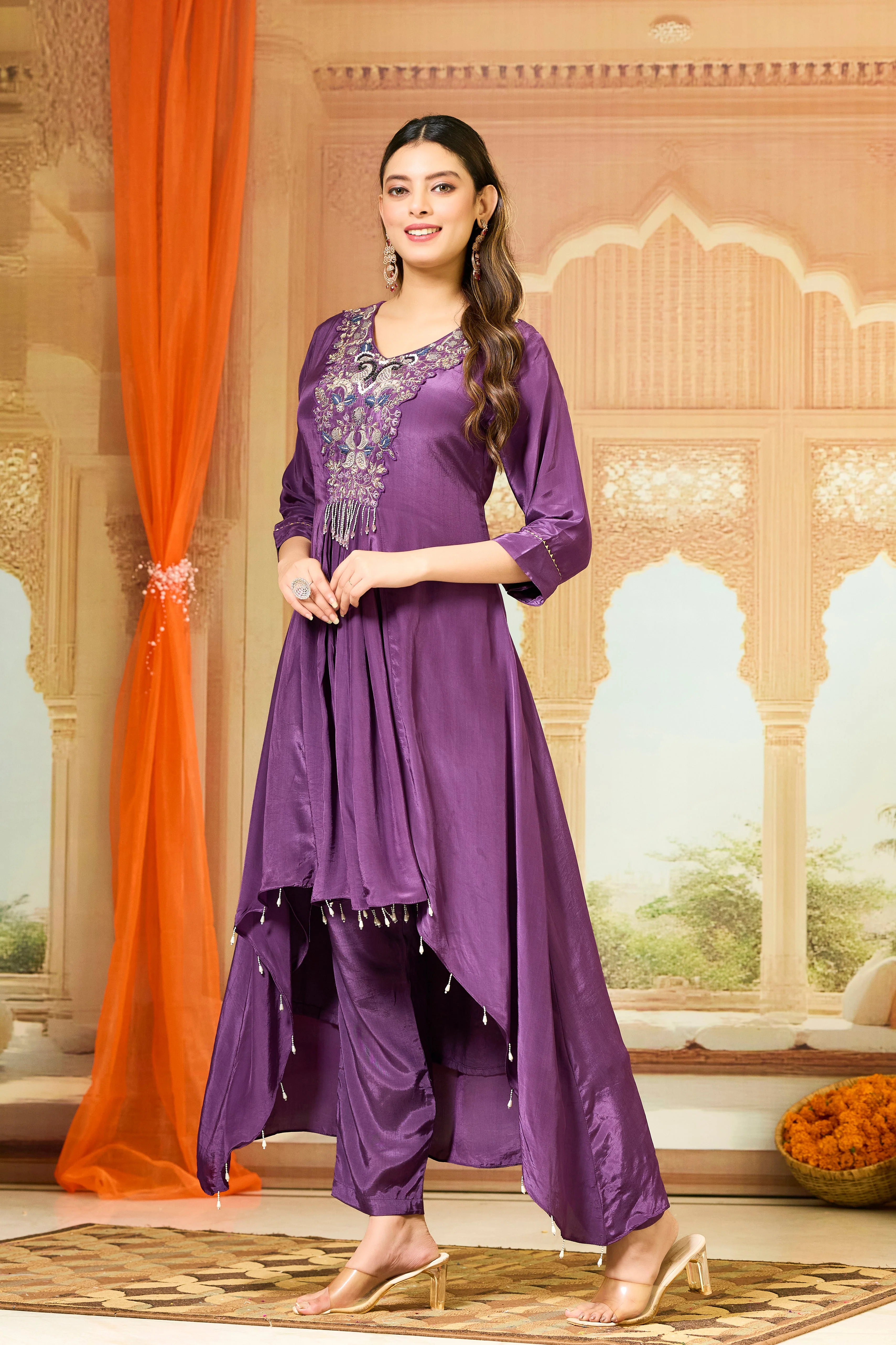 Purple Handwork Crepe Silk Kurta & Pant Set - Image 4