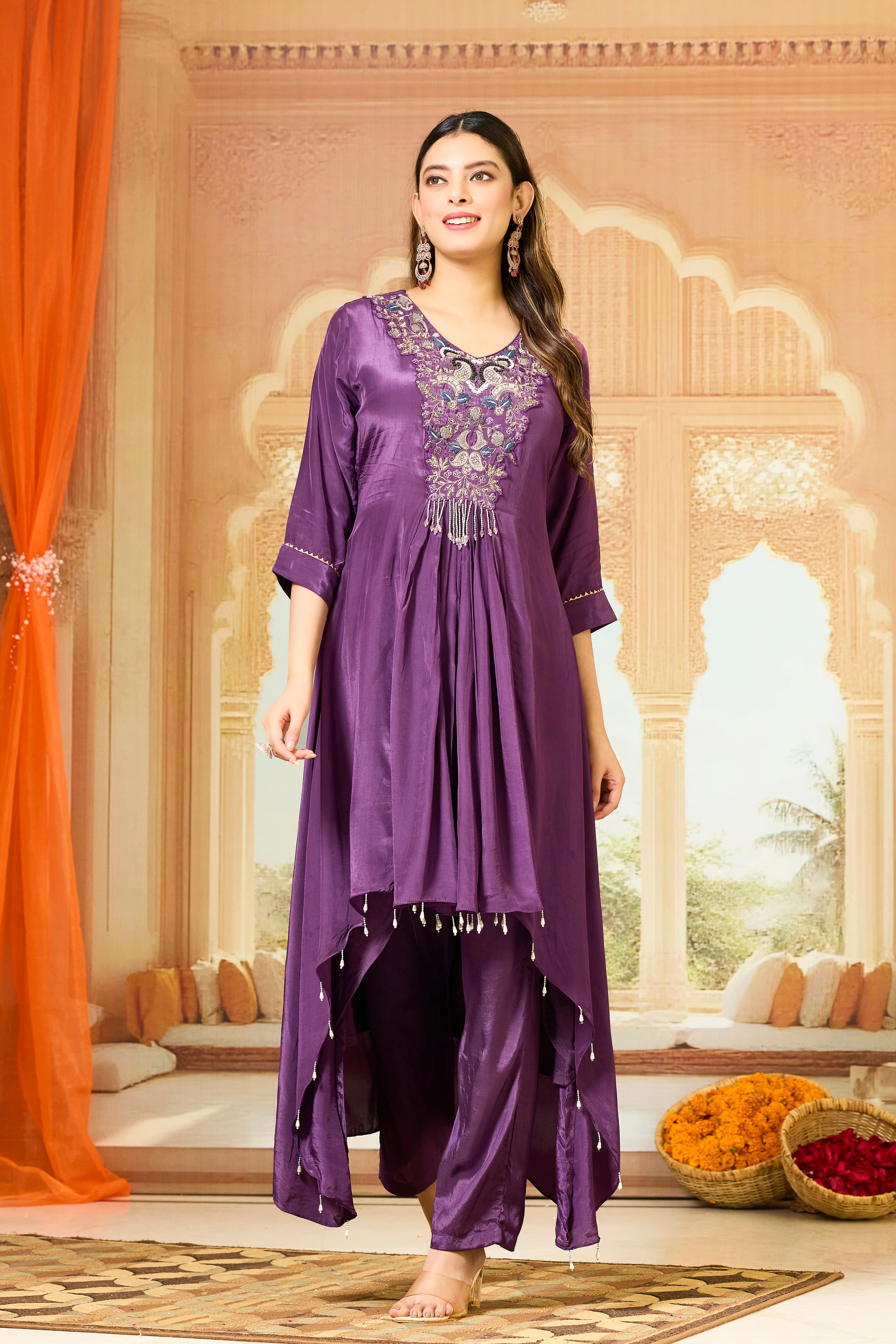 Purple Handwork Crepe Silk Kurta & Pant Set - Image 5