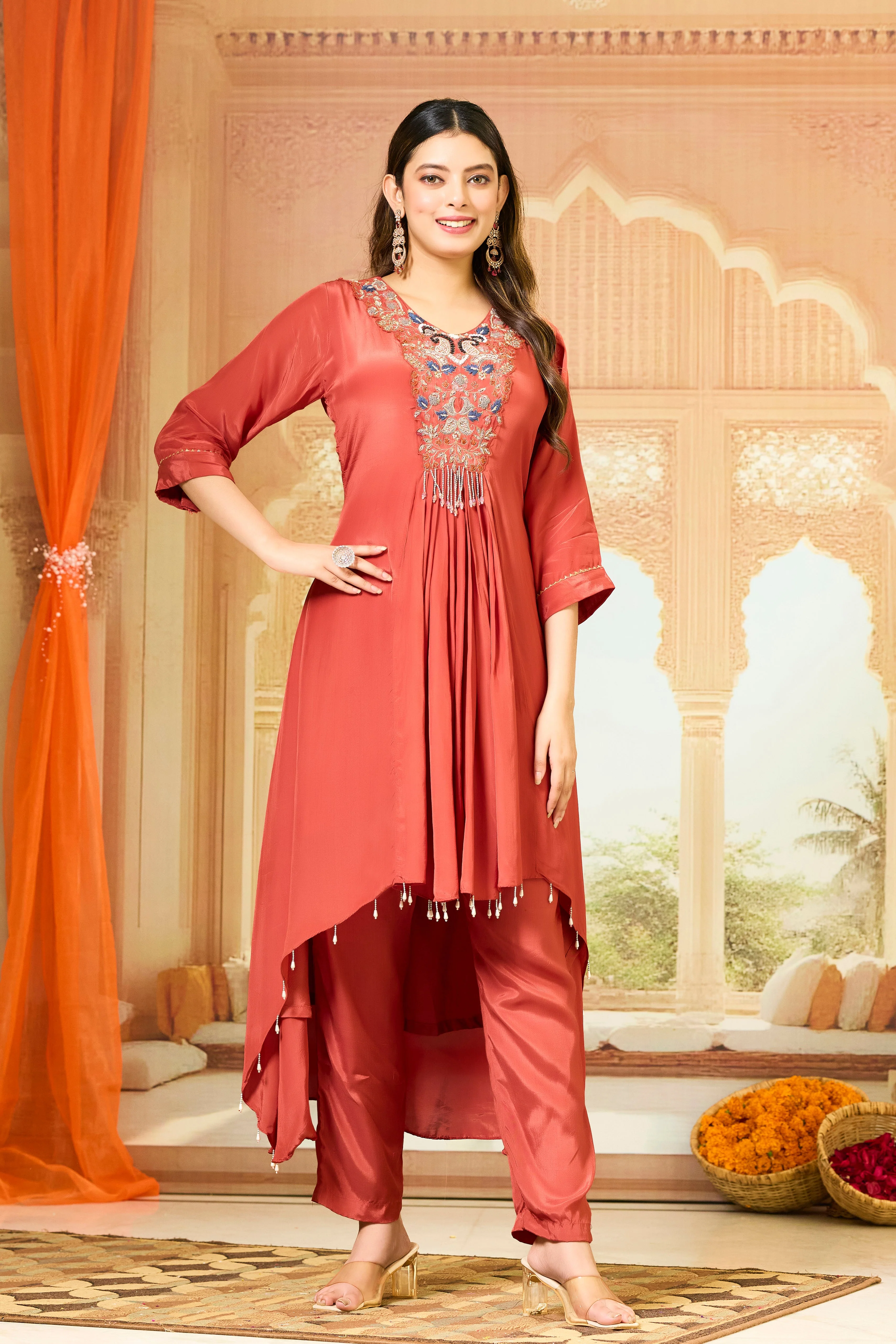 Red Handwork Crepe Silk Kurta & Pant Set - Image 2