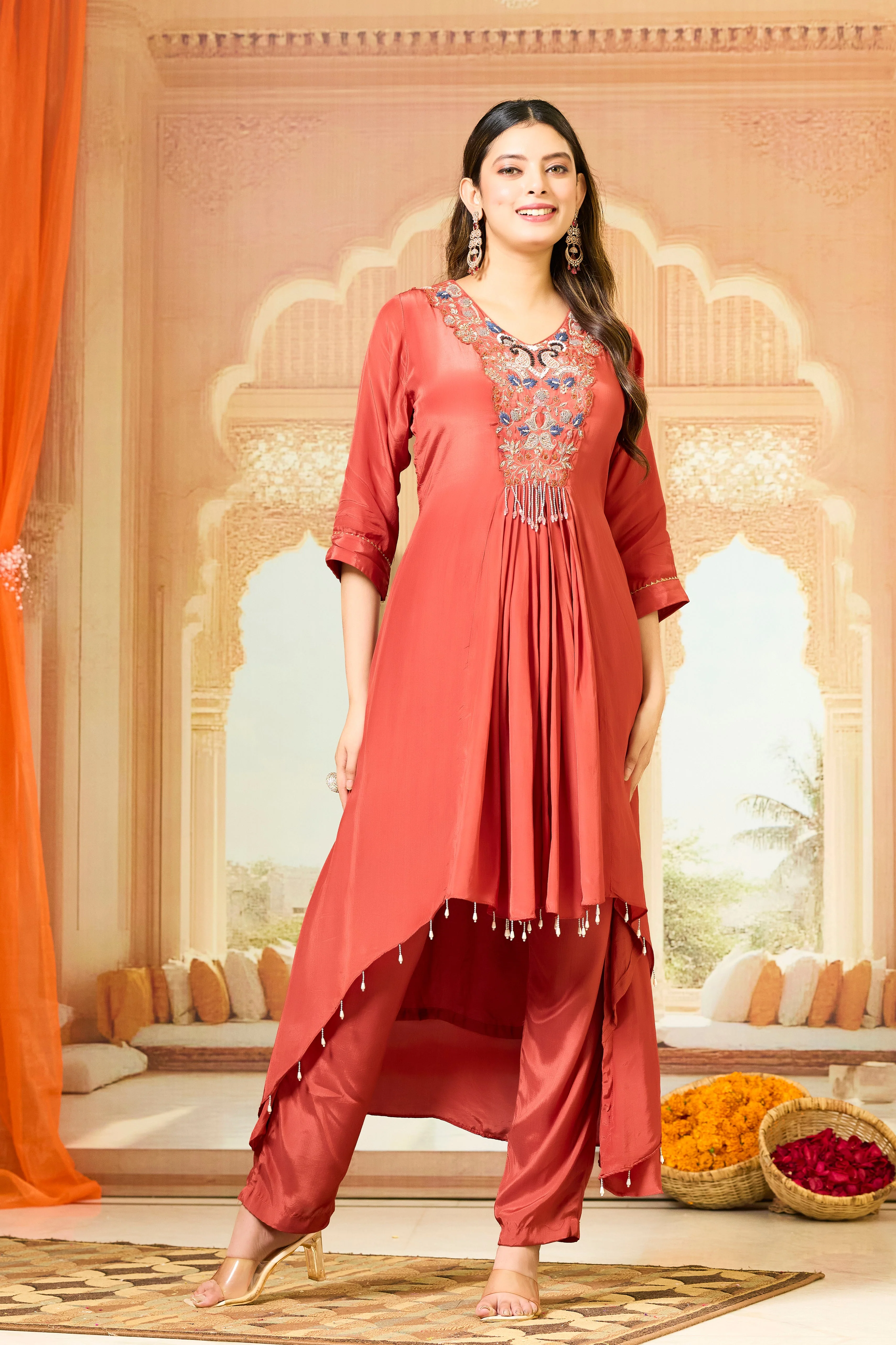 Red Handwork Crepe Silk Kurta & Pant Set - Image 3