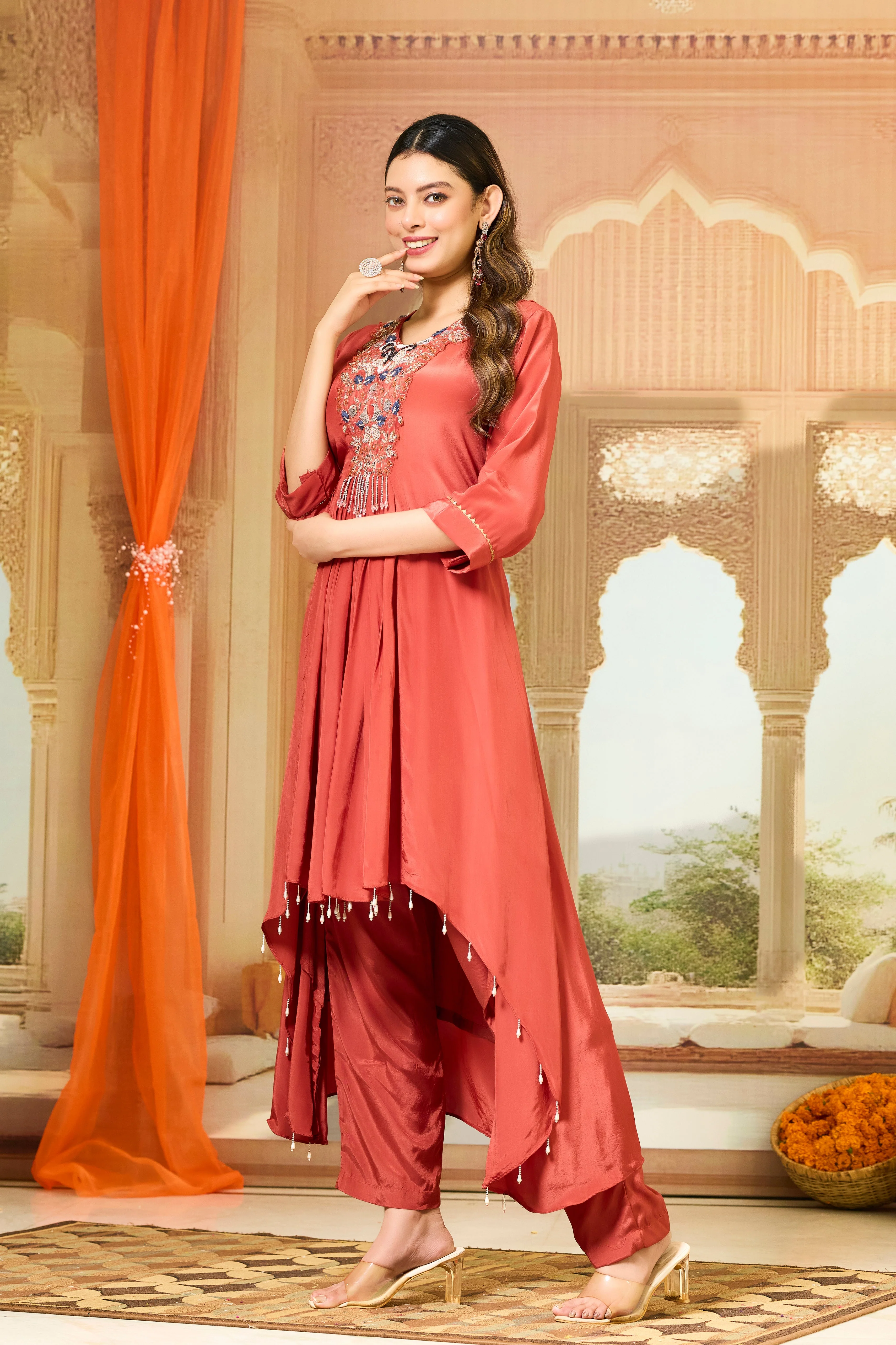 Red Handwork Crepe Silk Kurta & Pant Set - Image 4