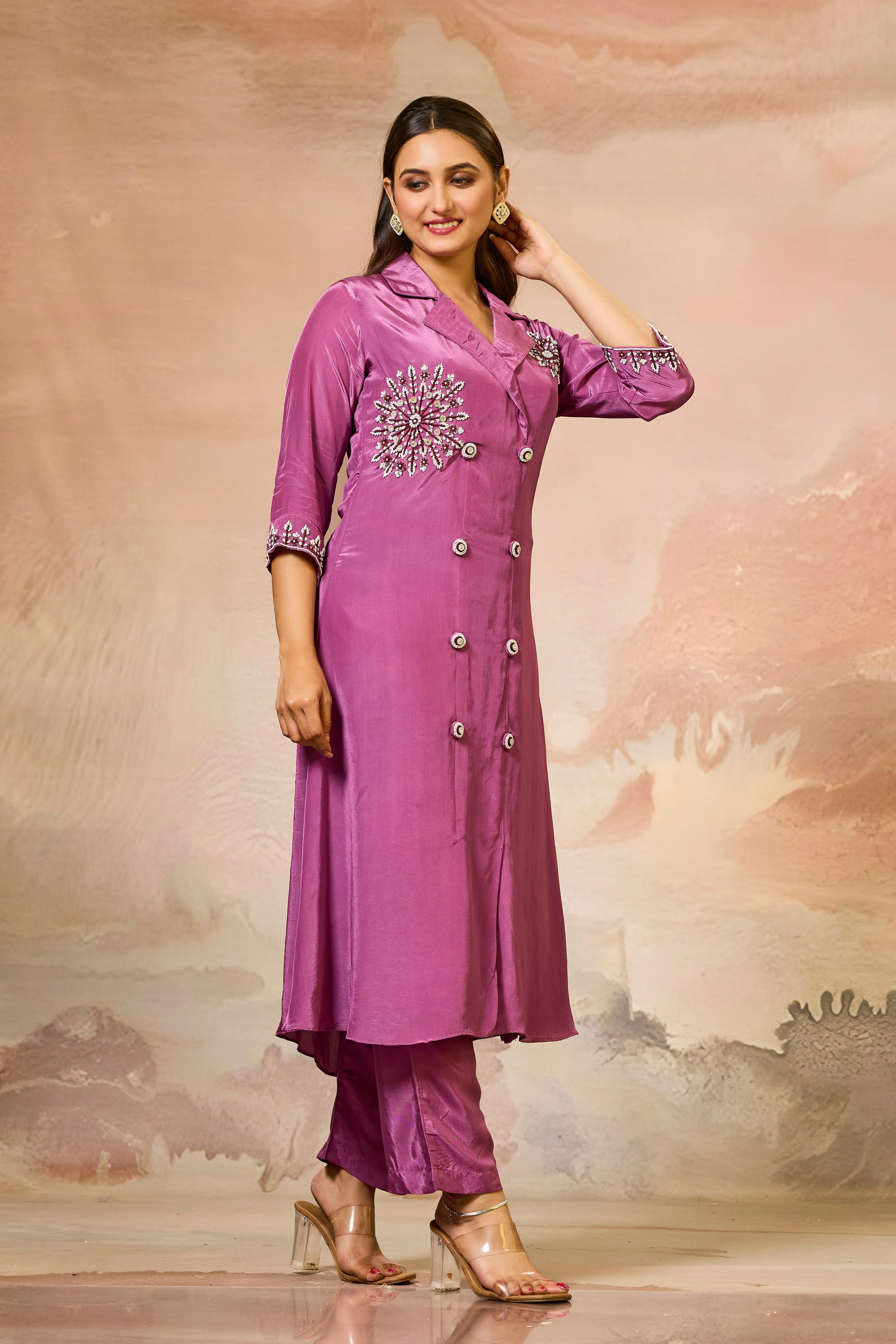 Pink Handwork Crepe Silk Kurta & Pant Set - Image 3