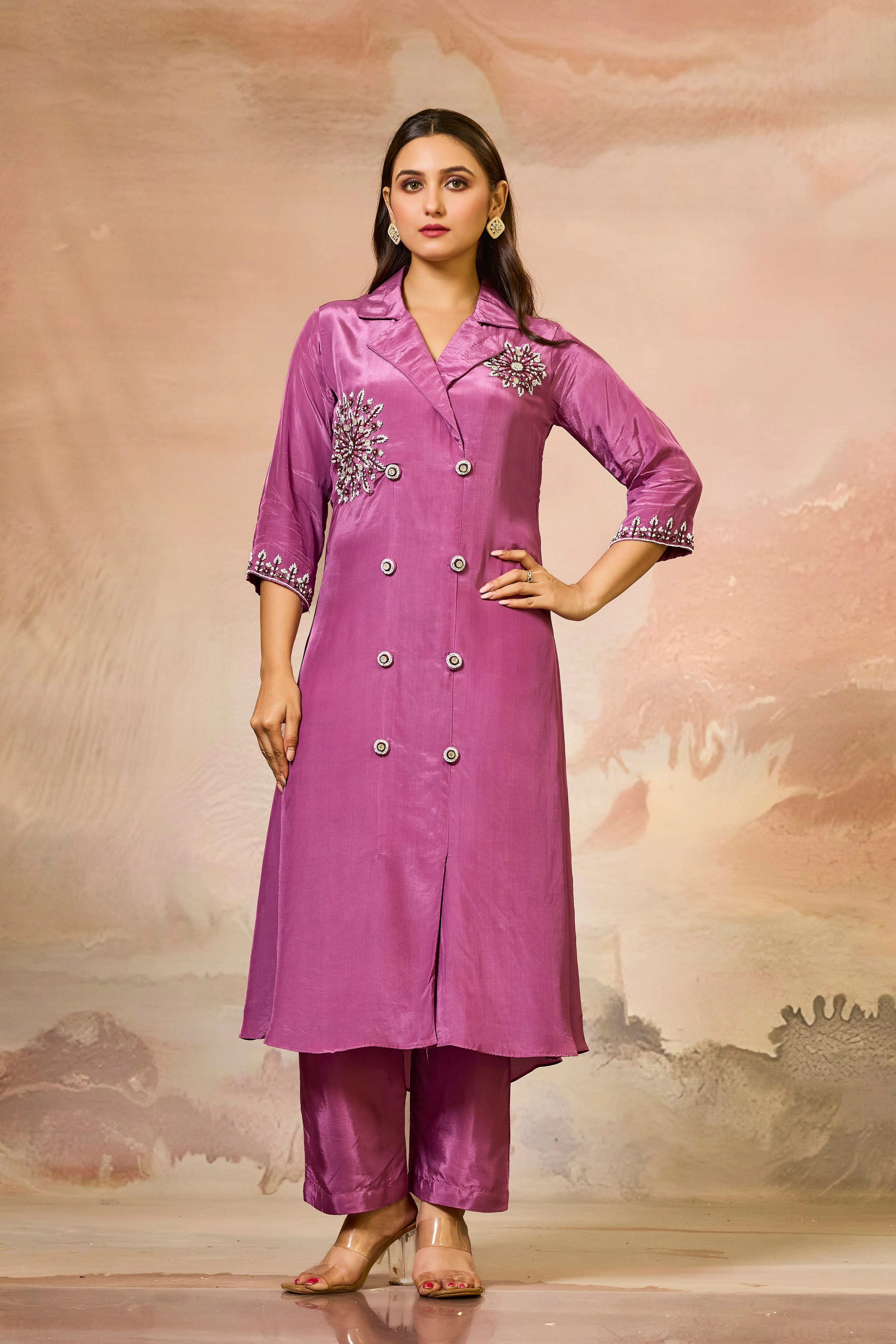 Pink Handwork Crepe Silk Kurta & Pant Set - Image 4