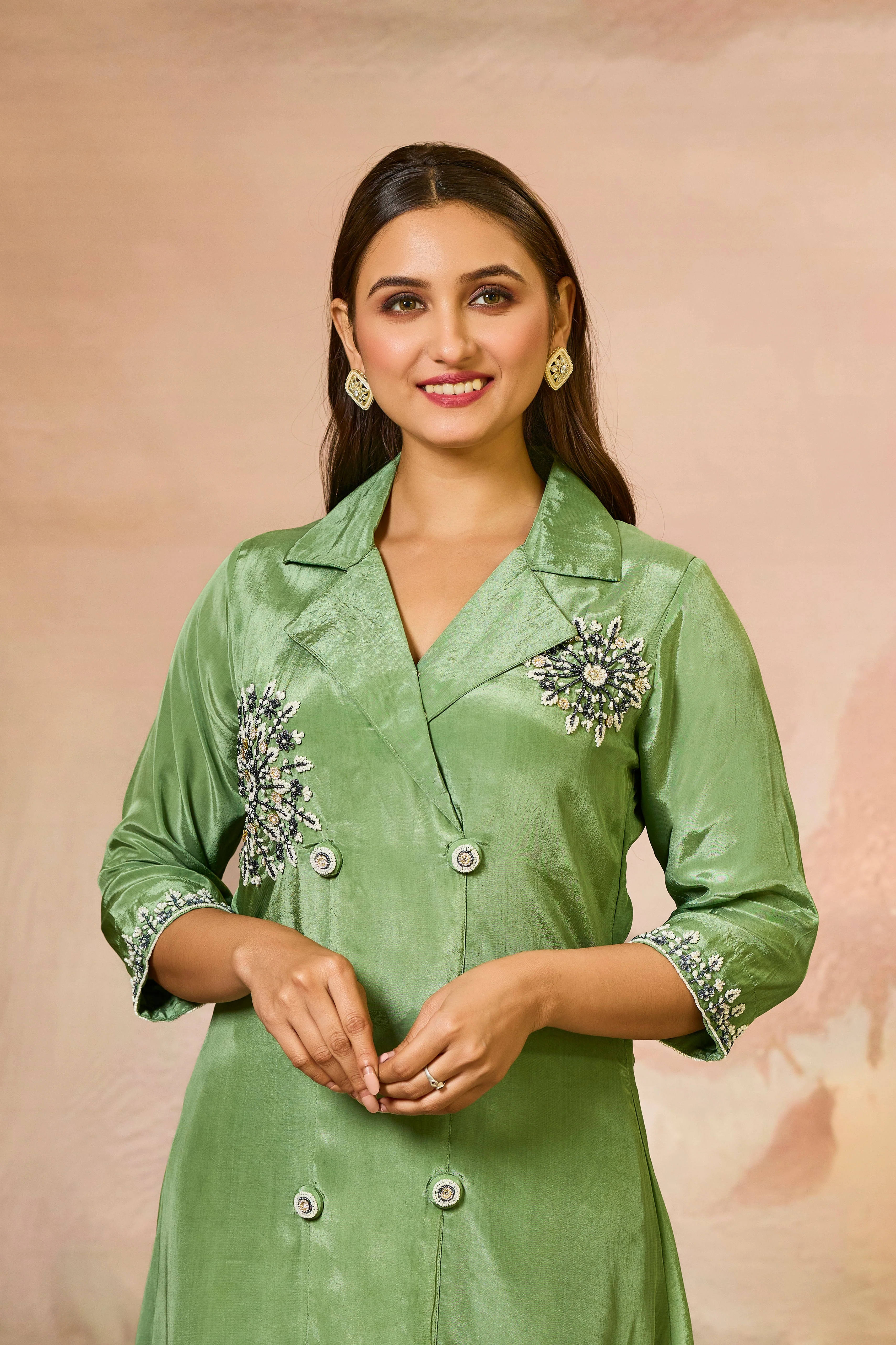 Green Handwork Crepe Silk Kurta & Pant Set - Image 2