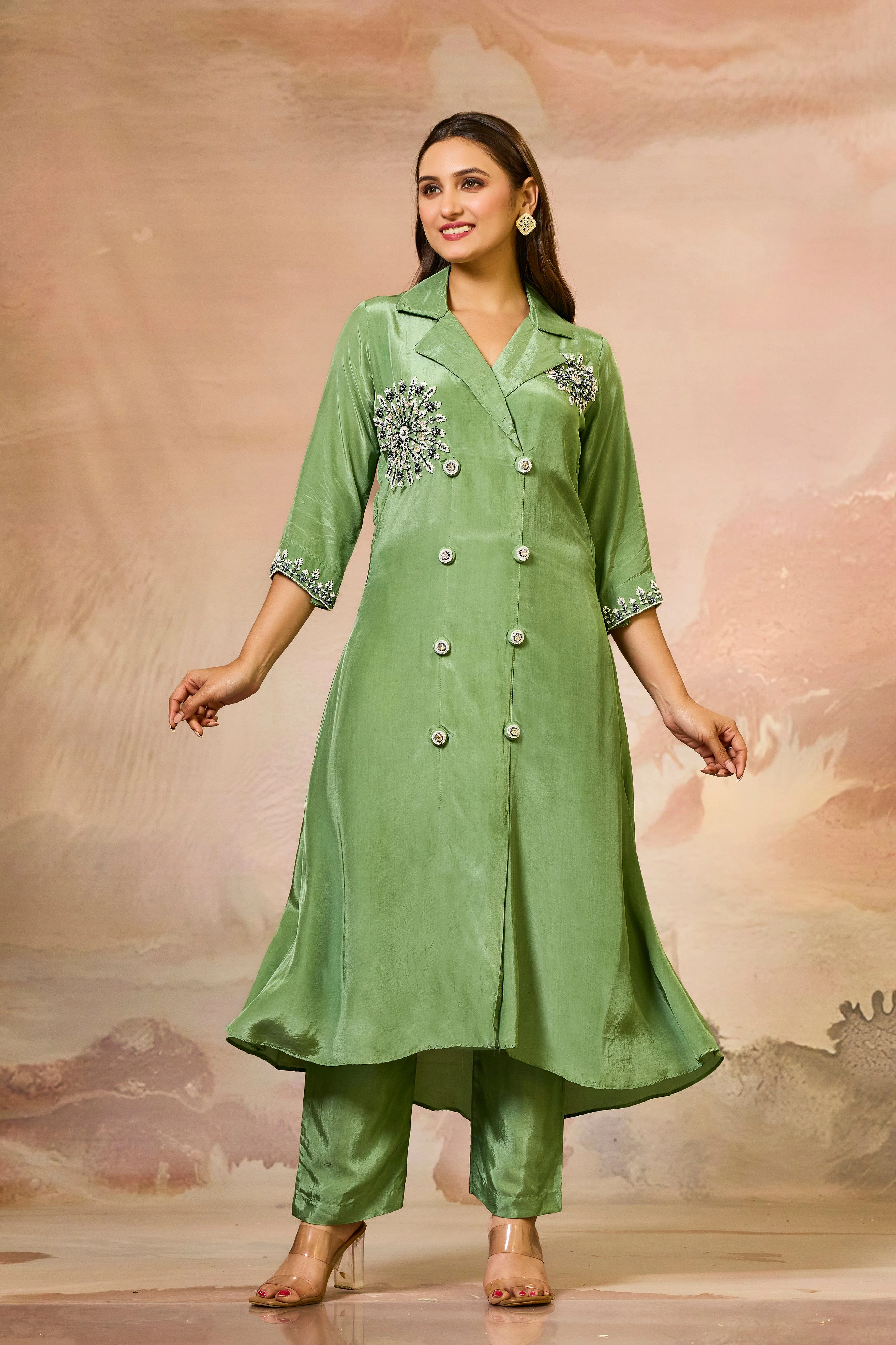 Green Handwork Crepe Silk Kurta & Pant Set - Image 3