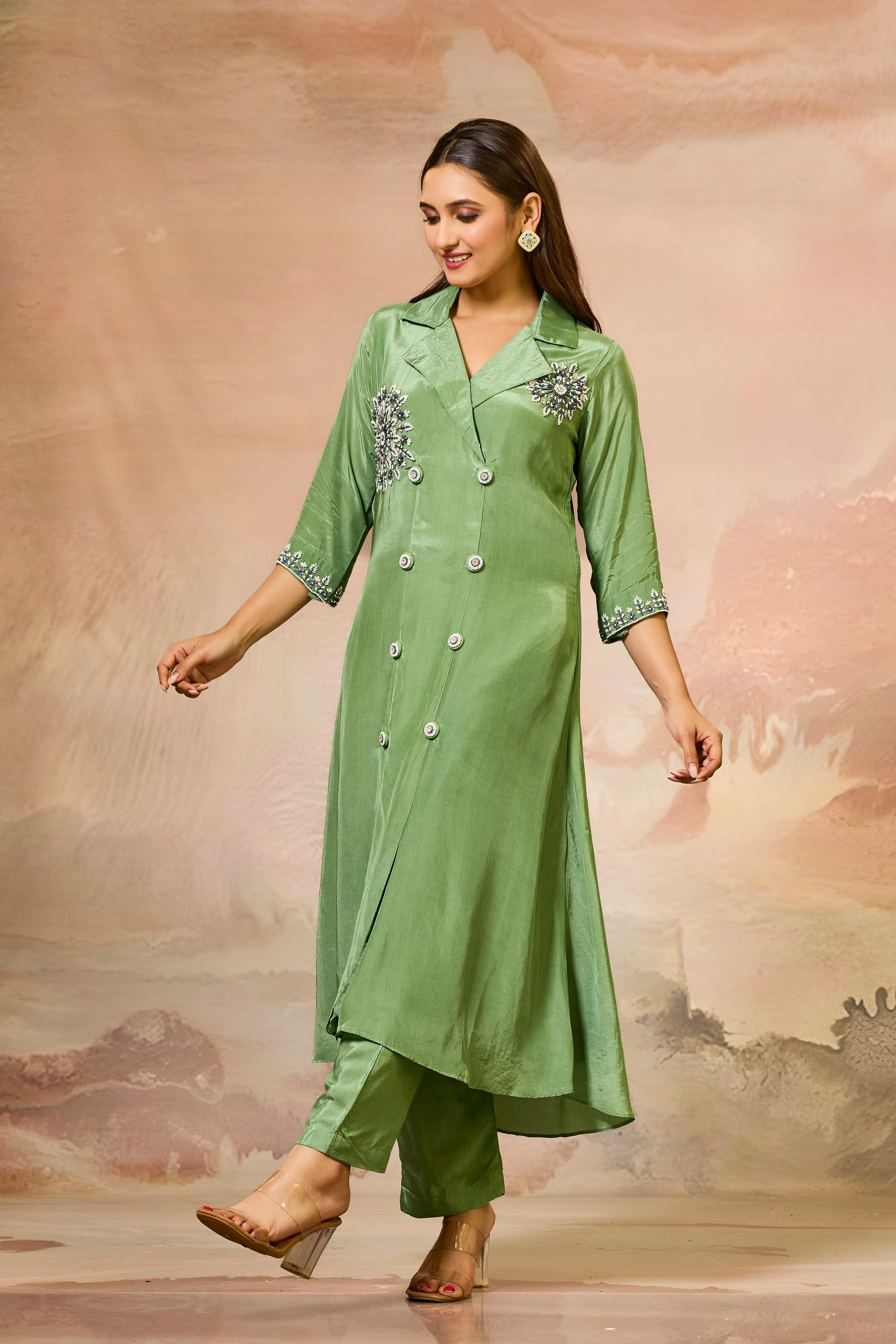 Green Handwork Crepe Silk Kurta & Pant Set - Image 4