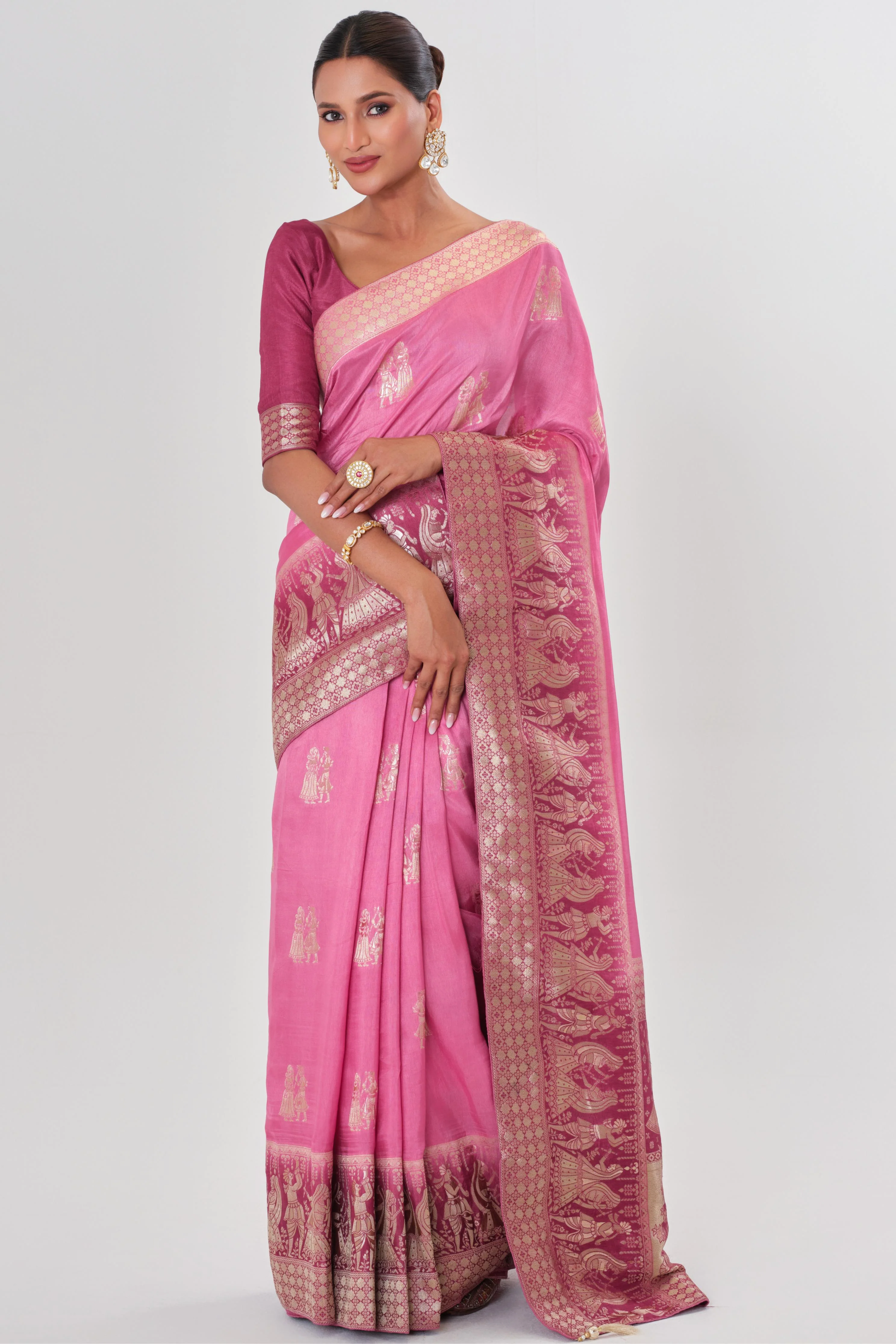Pink Handwork Dola Silk Saree - Image 2