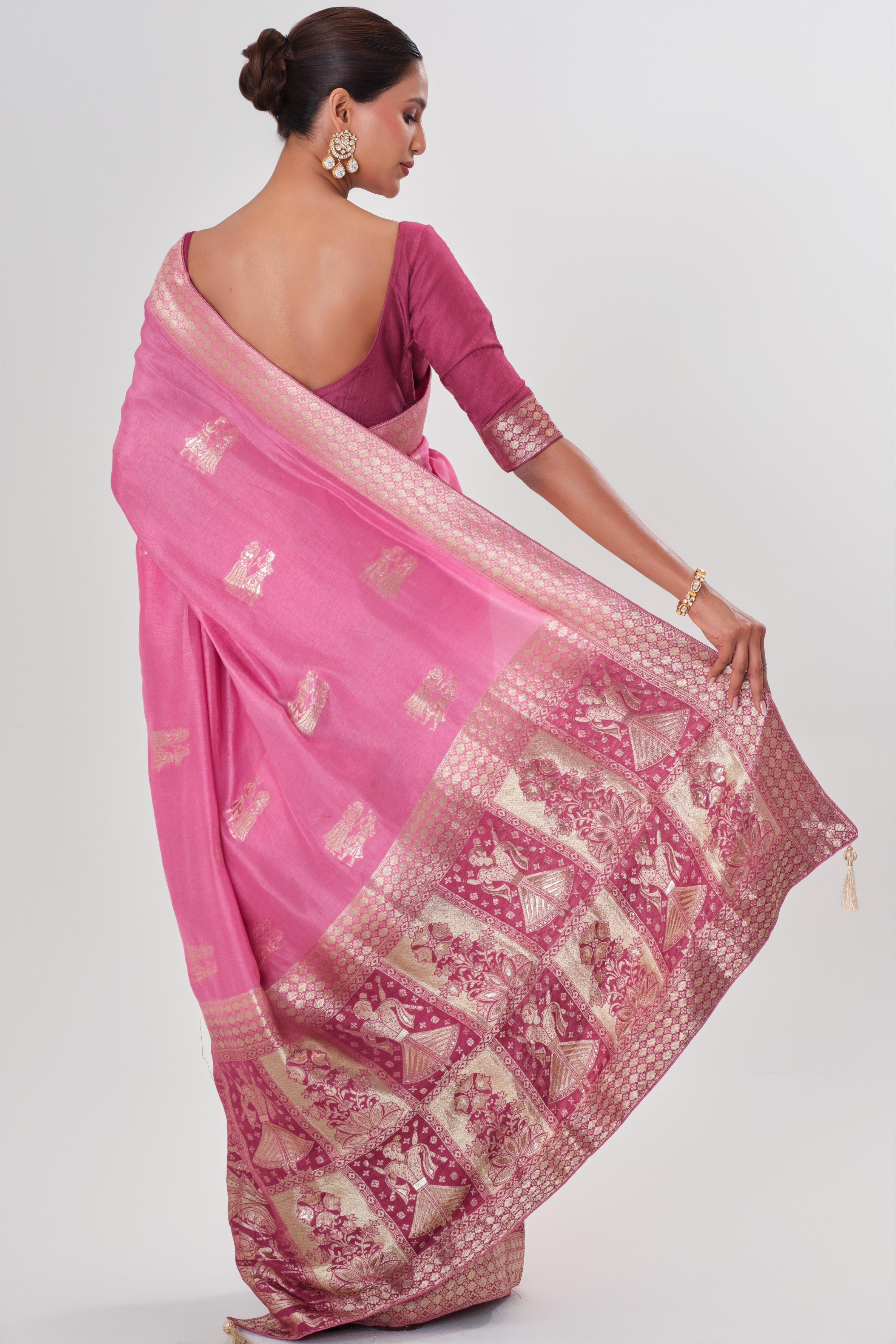 Pink Handwork Dola Silk Saree - Image 3