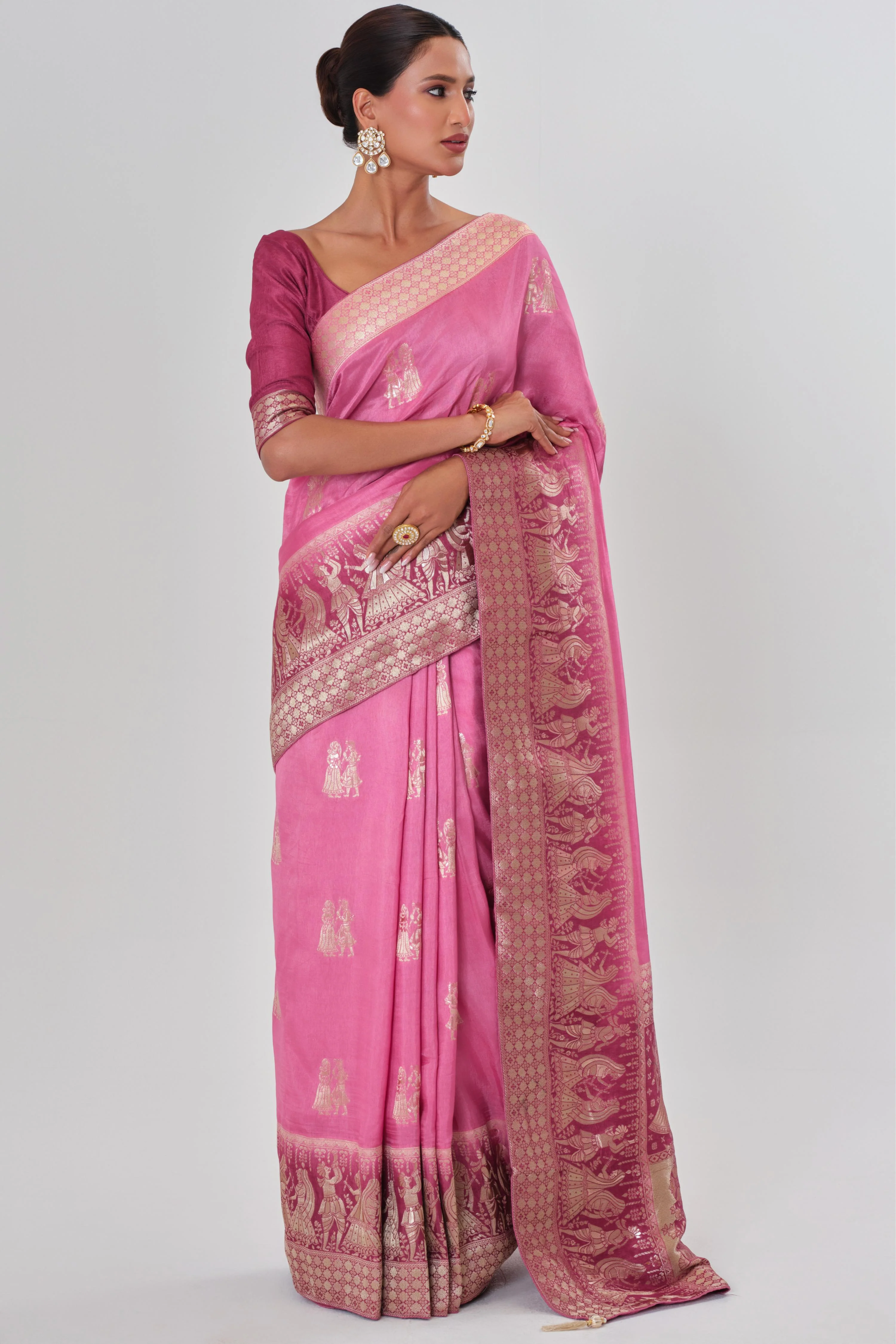 Pink Handwork Dola Silk Saree - Image 4