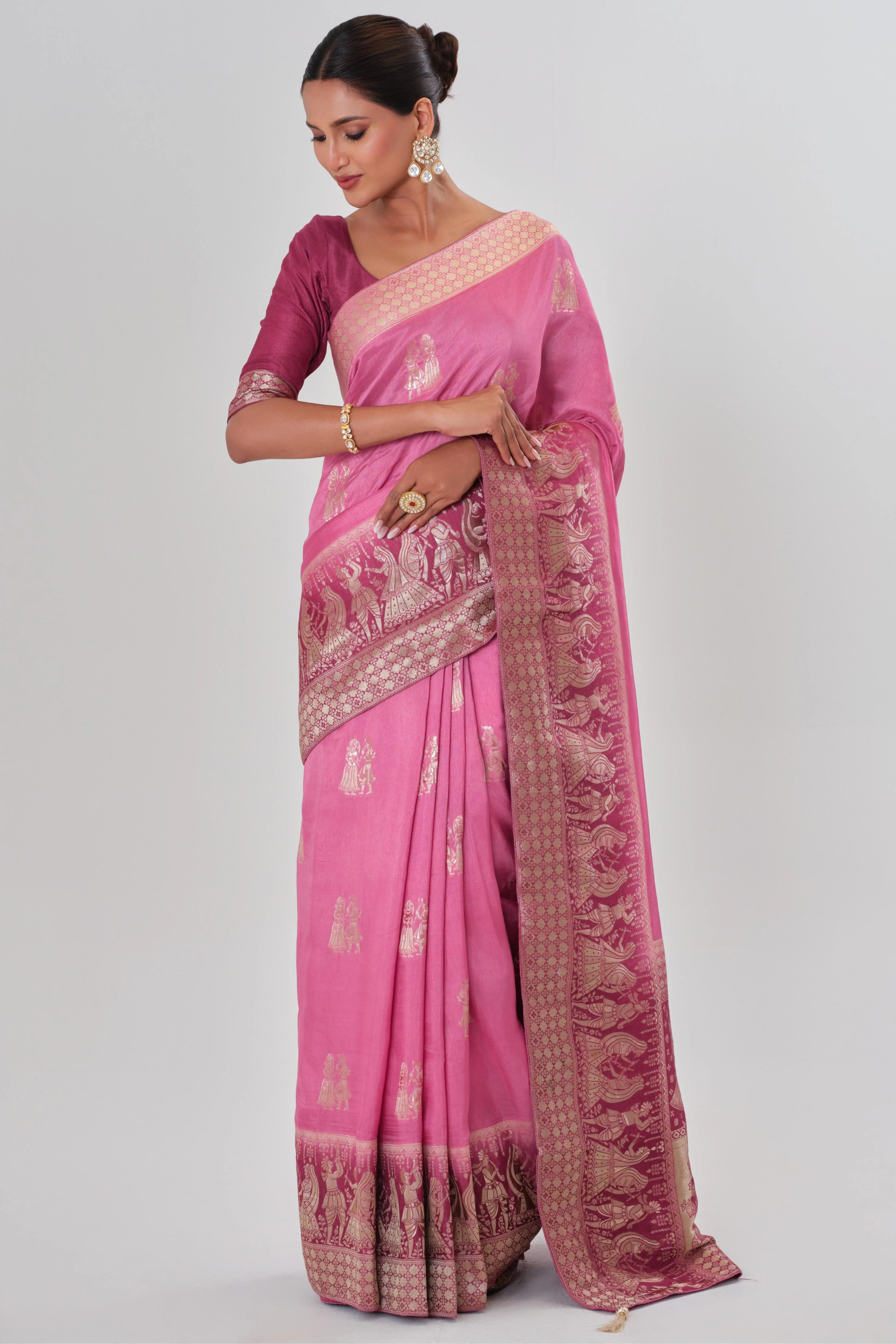 Pink Handwork Dola Silk Saree - Image 5