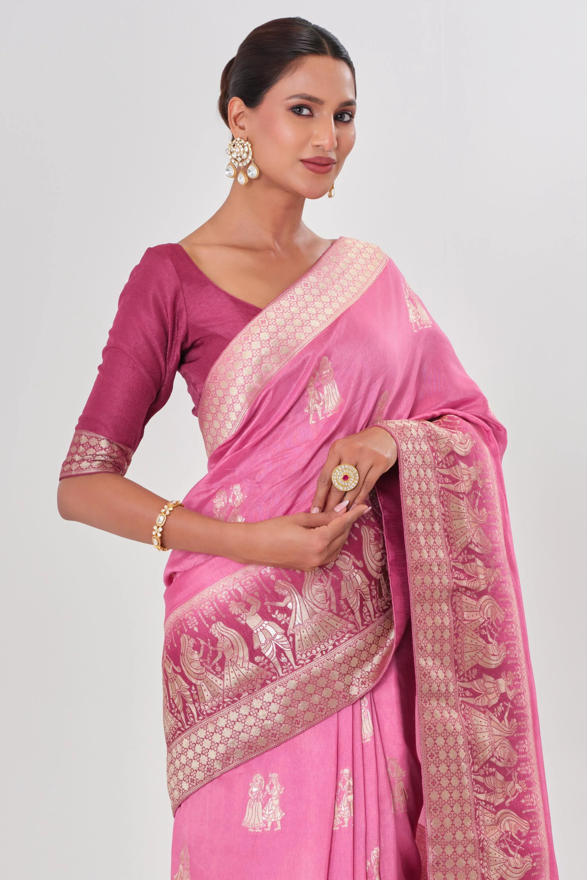 Pink Handwork Dola Silk Saree - Image 6