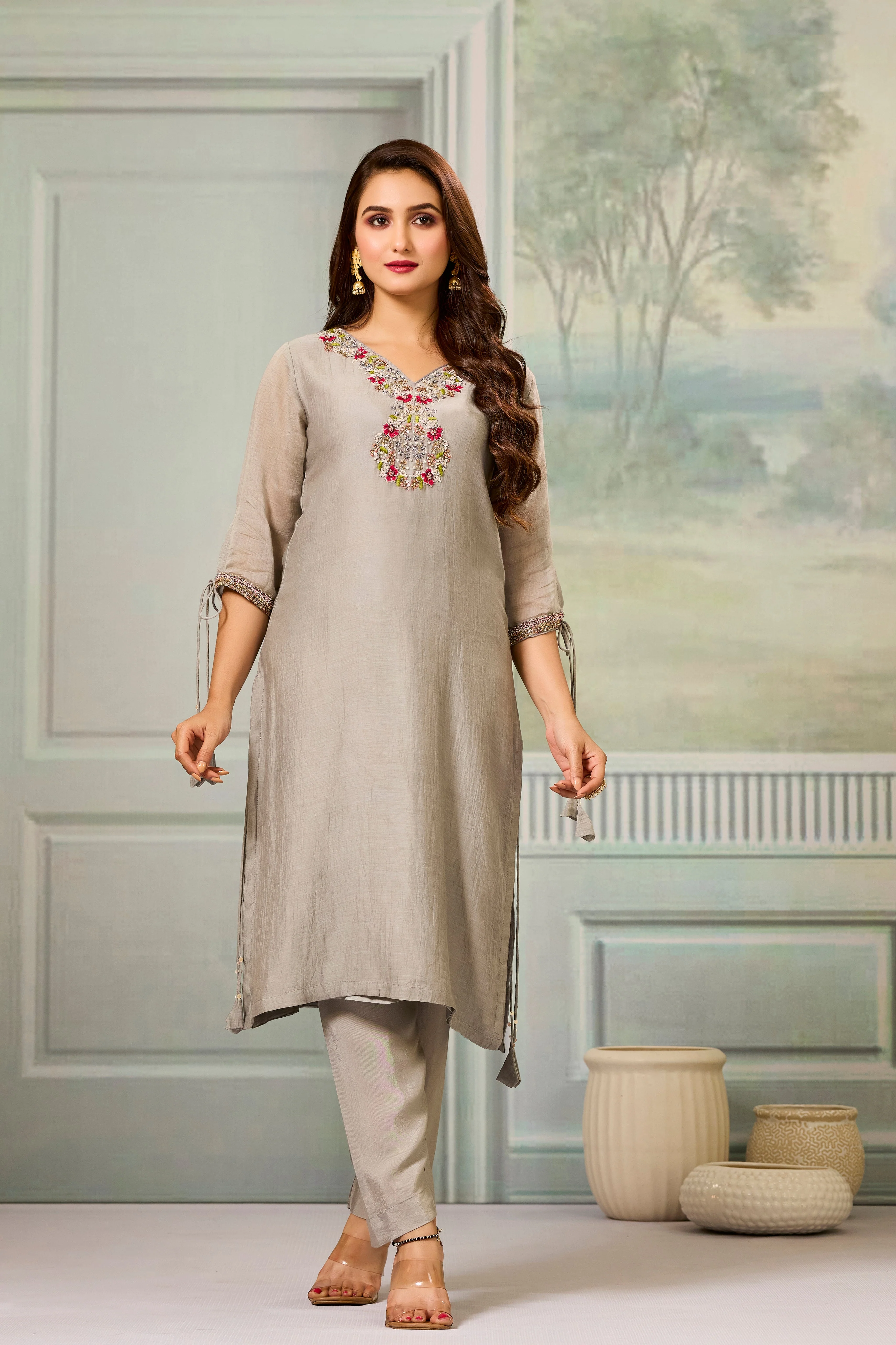 Grey Handwork Mul-Chanderi Silk Kurta Pants Set - Image 5
