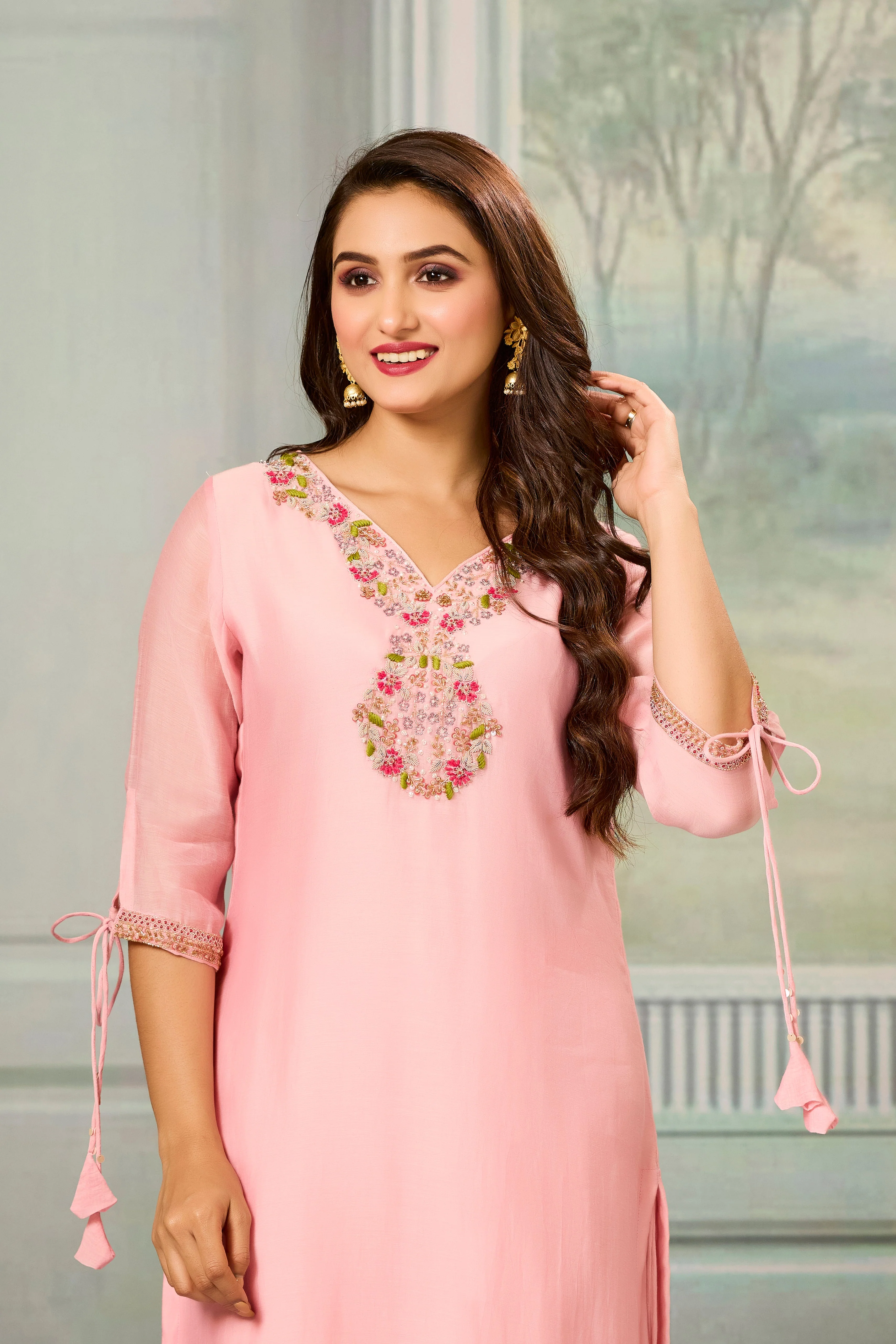 Pink Handwork Mul-Chanderi Silk Kurta Pants Set - Image 2