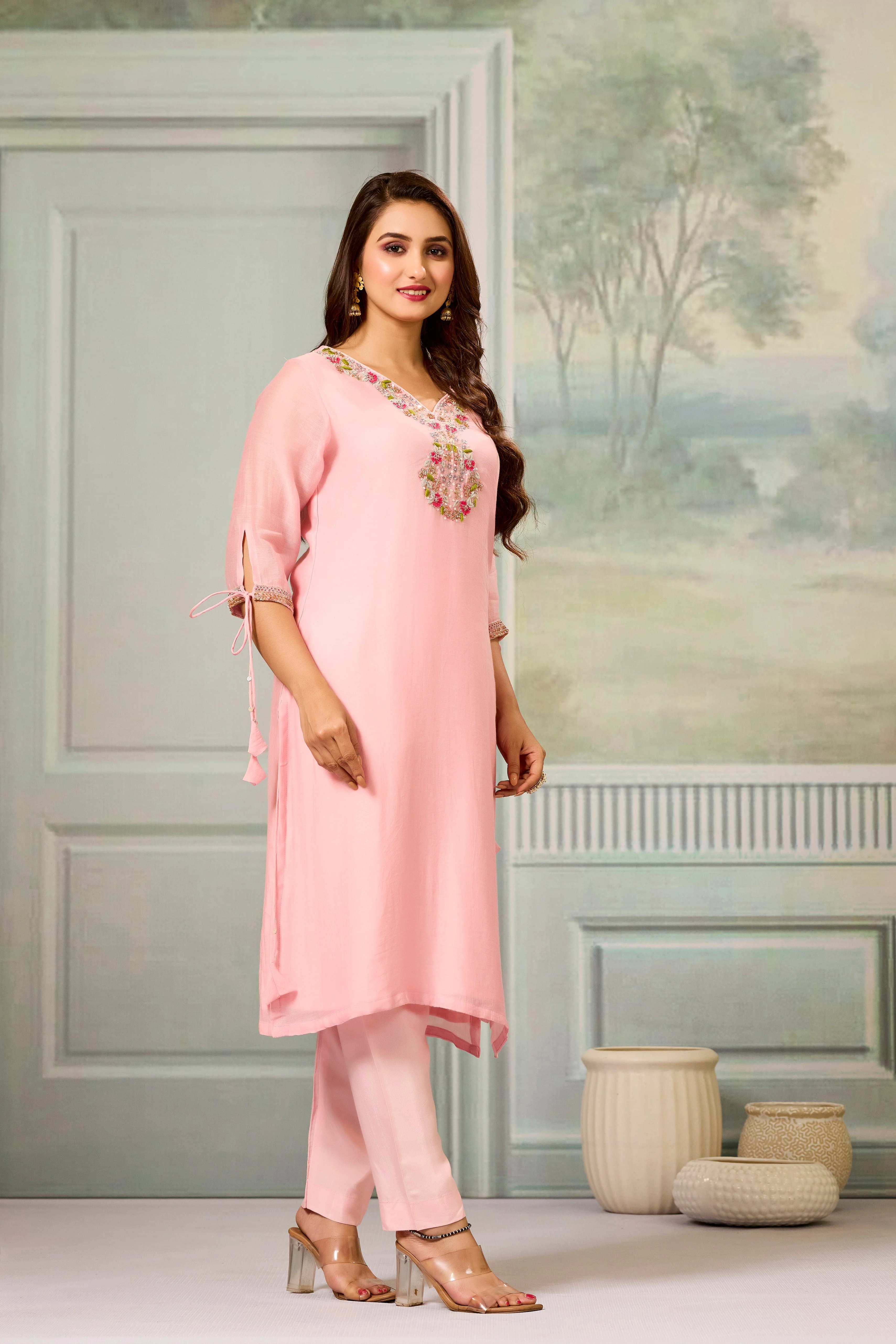 Pink Handwork Mul-Chanderi Silk Kurta Pants Set - Image 3