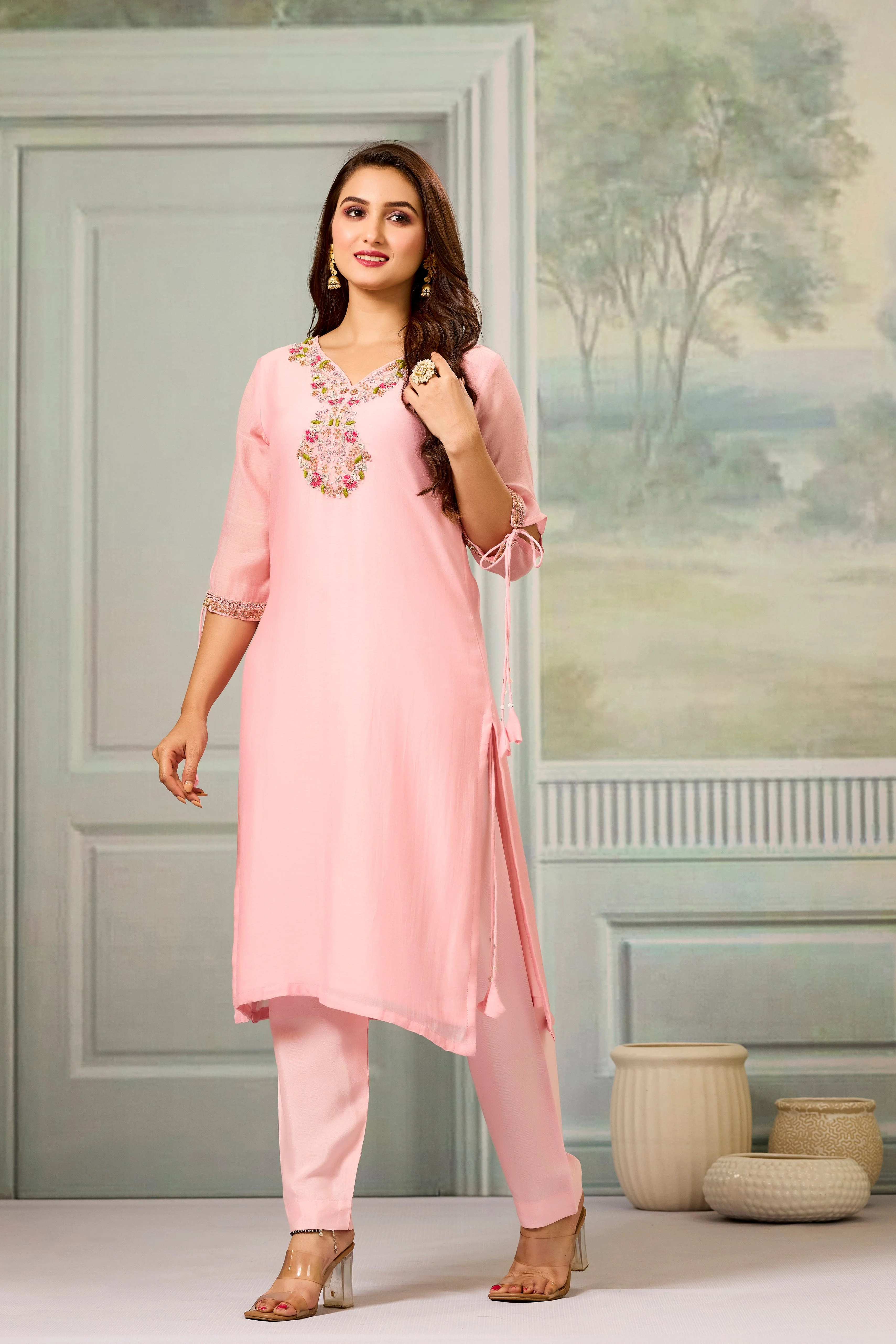 Pink Handwork Mul-Chanderi Silk Kurta Pants Set - Image 4