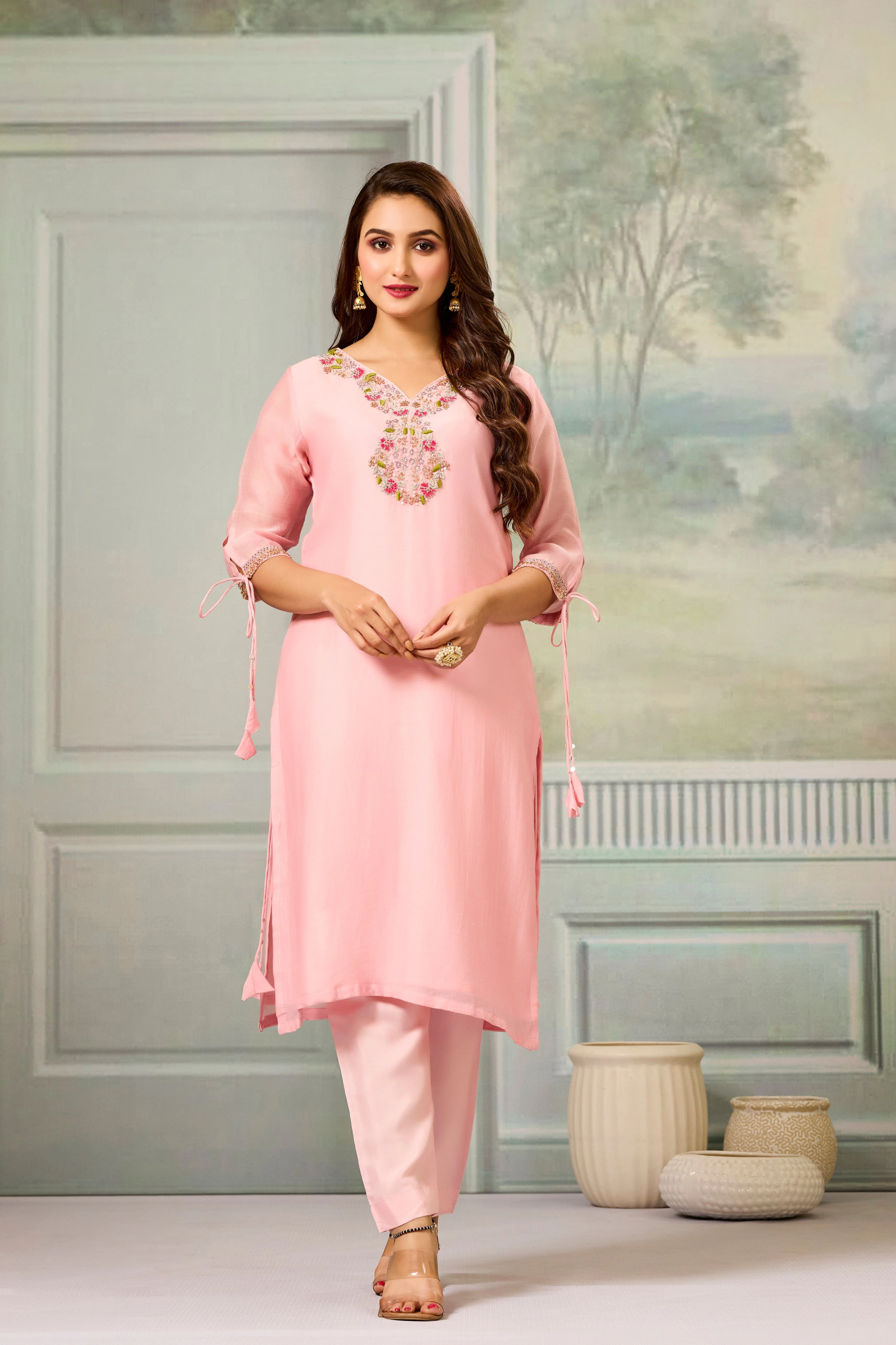 Pink Handwork Mul-Chanderi Silk Kurta Pants Set - Image 5