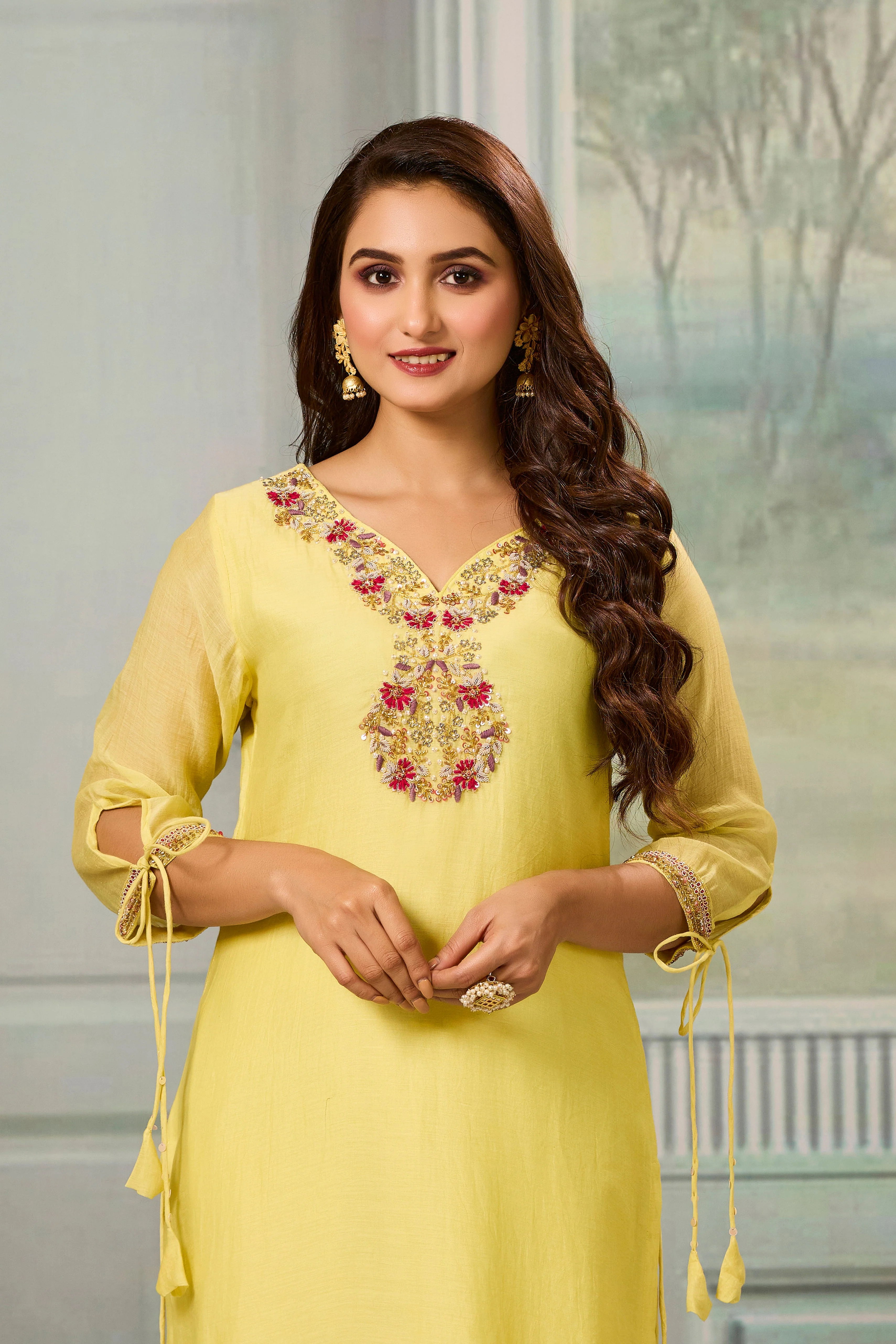 Yellow Handwork Mul-Chanderi Silk Kurta Pants Set - Image 2