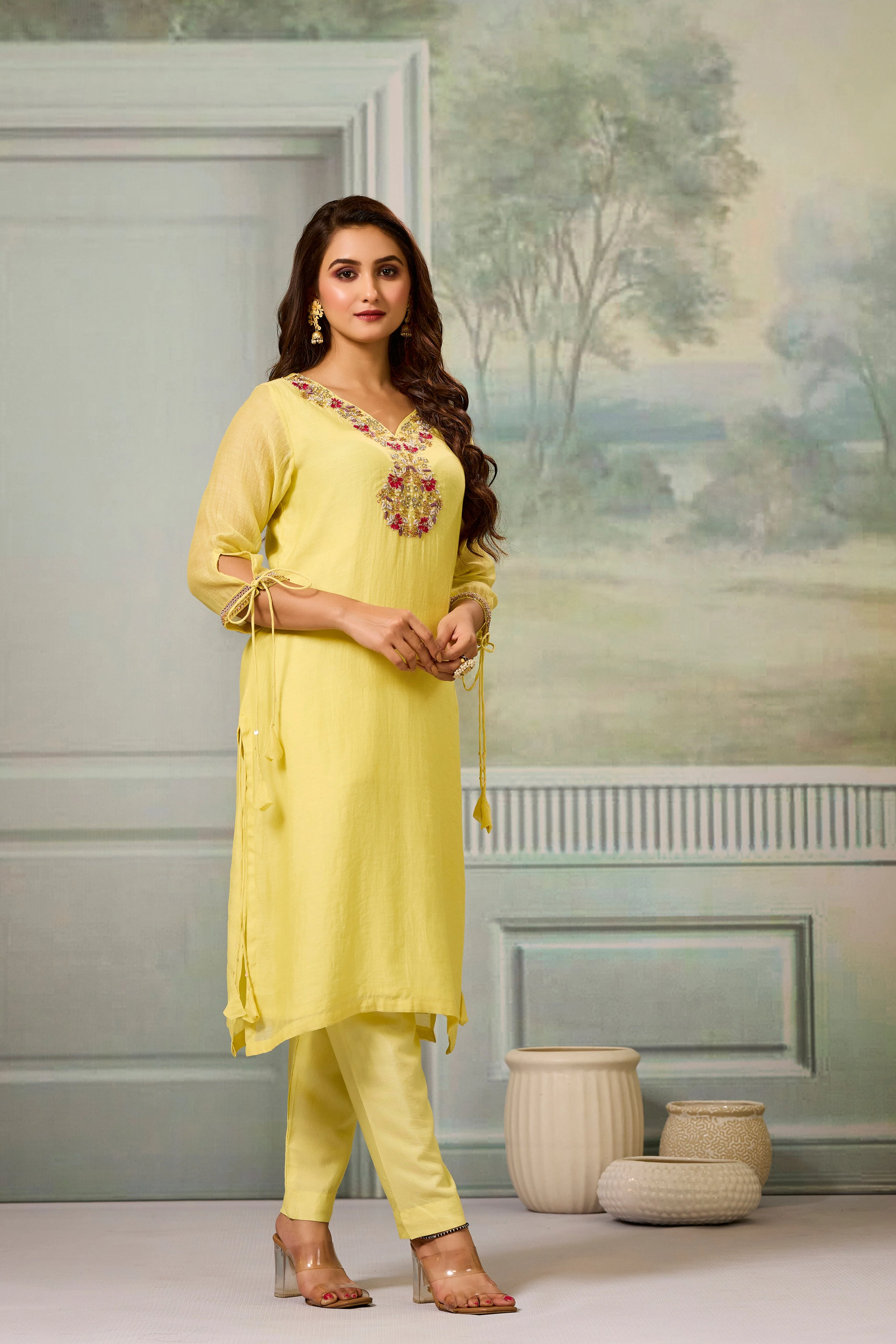 Yellow Handwork Mul-Chanderi Silk Kurta Pants Set - Image 3