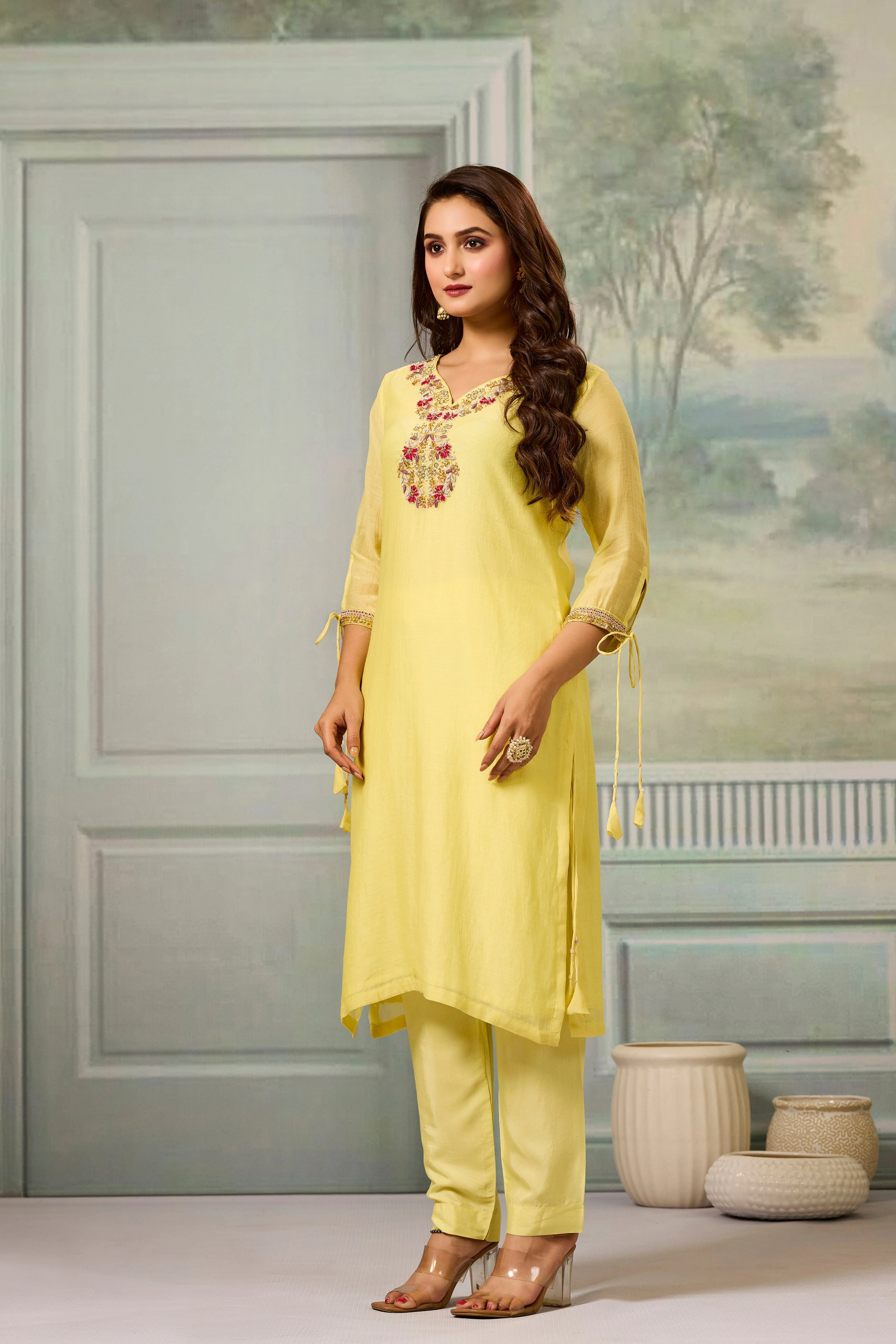 Yellow Handwork Mul-Chanderi Silk Kurta Pants Set - Image 4