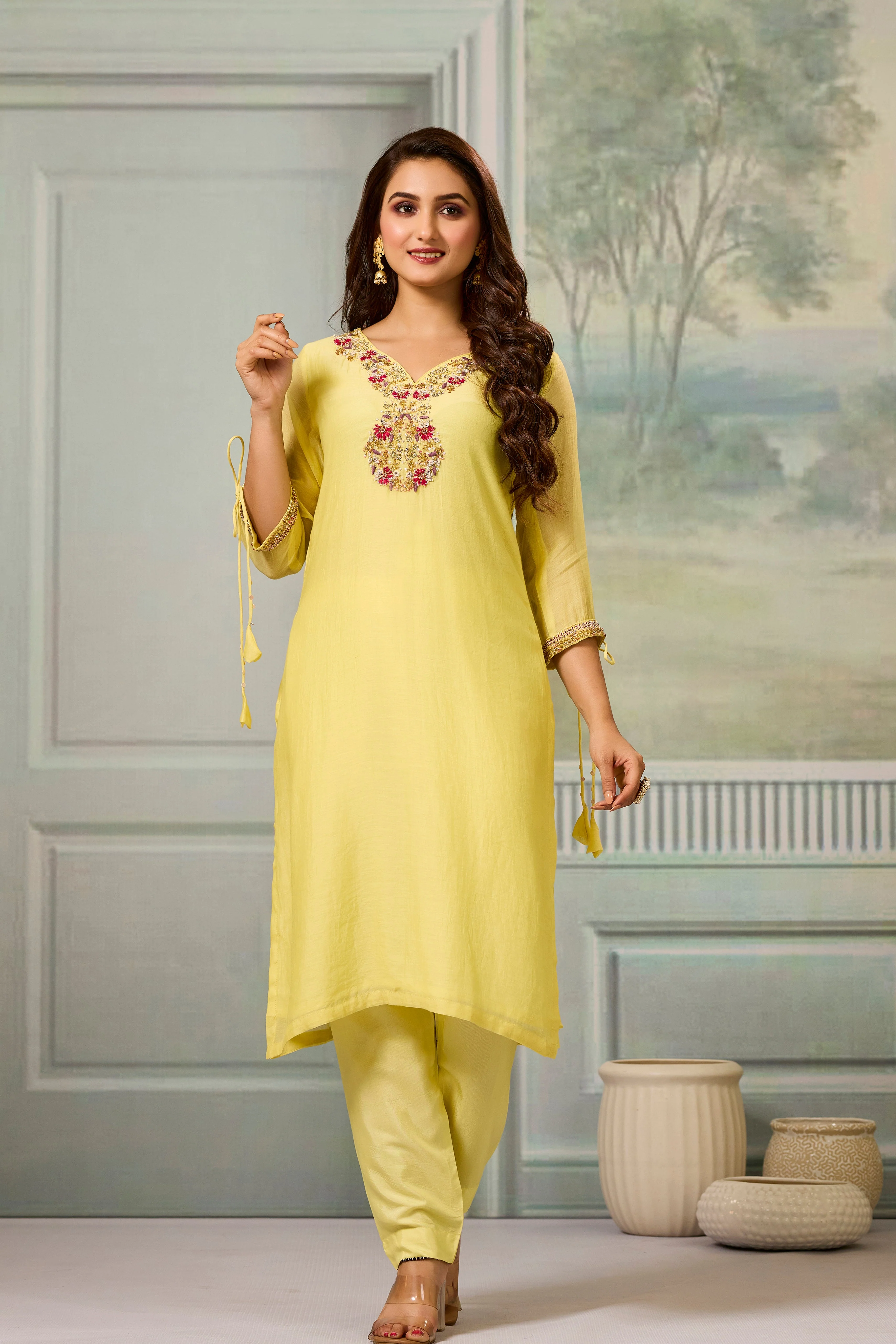 Yellow Handwork Mul-Chanderi Silk Kurta Pants Set - Image 5