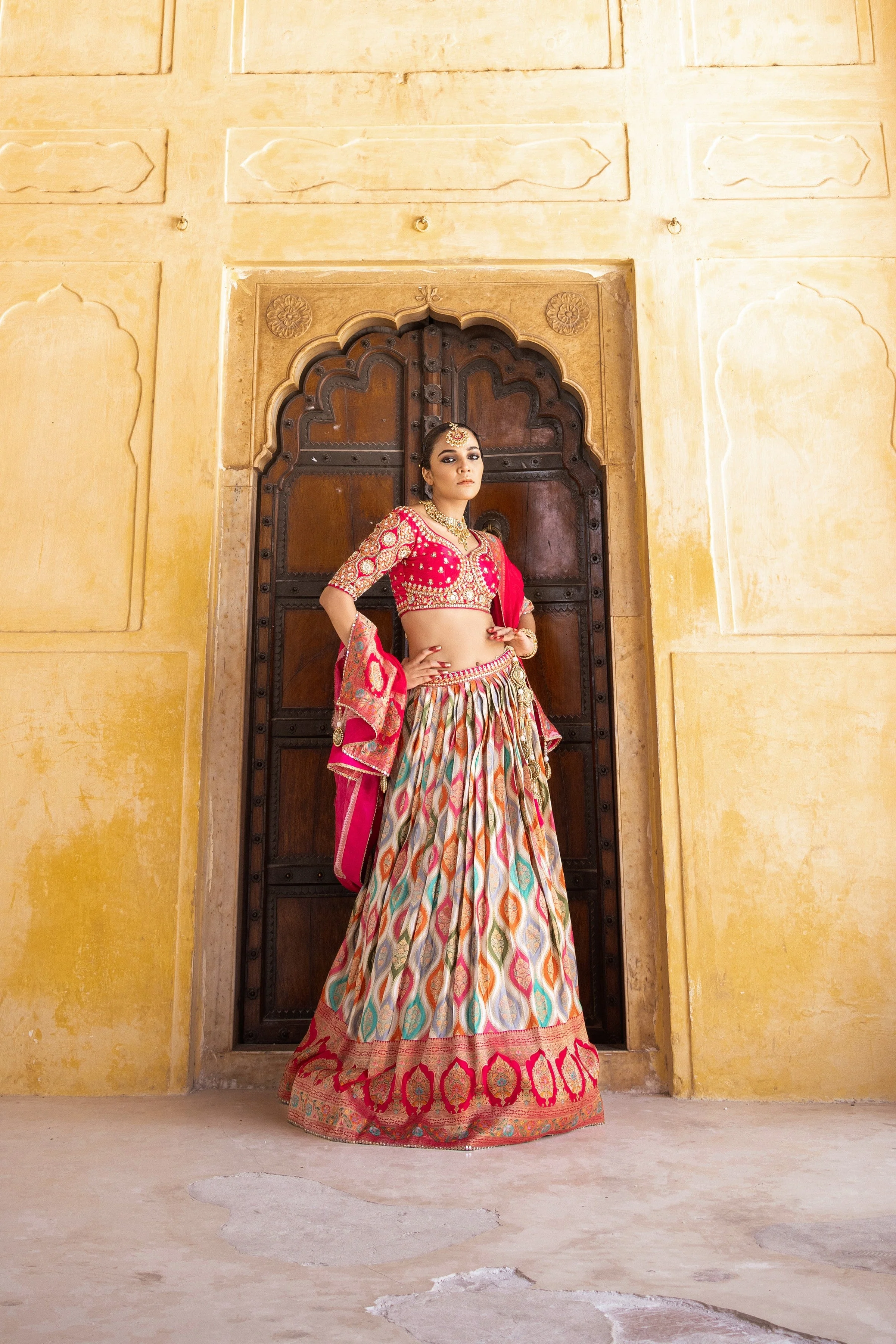 Multicolour Embellished Satin Silk Lehenga Set - Image 3