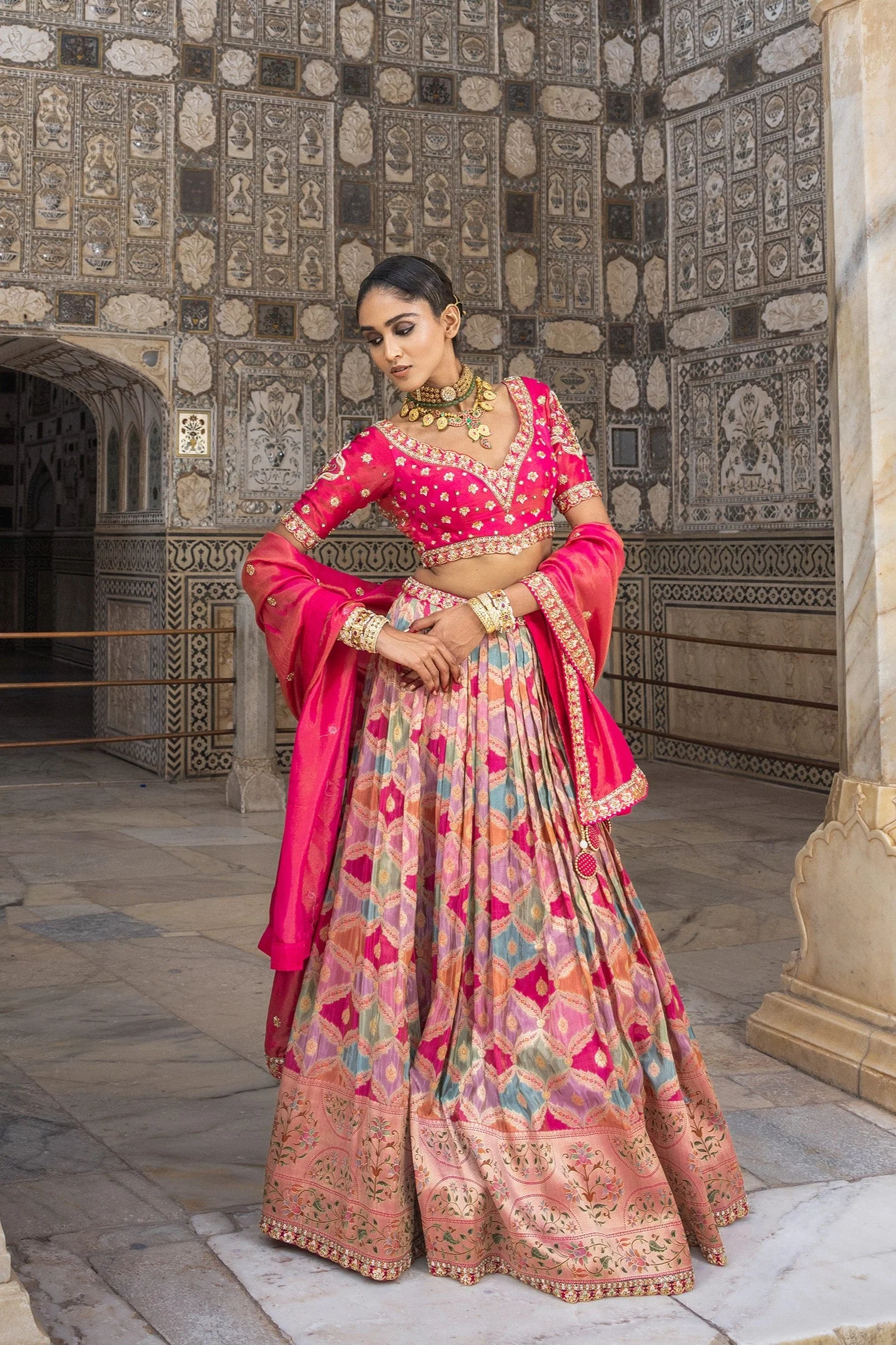 Pink Handwork Satin Silk Lehenga Set - Image 3