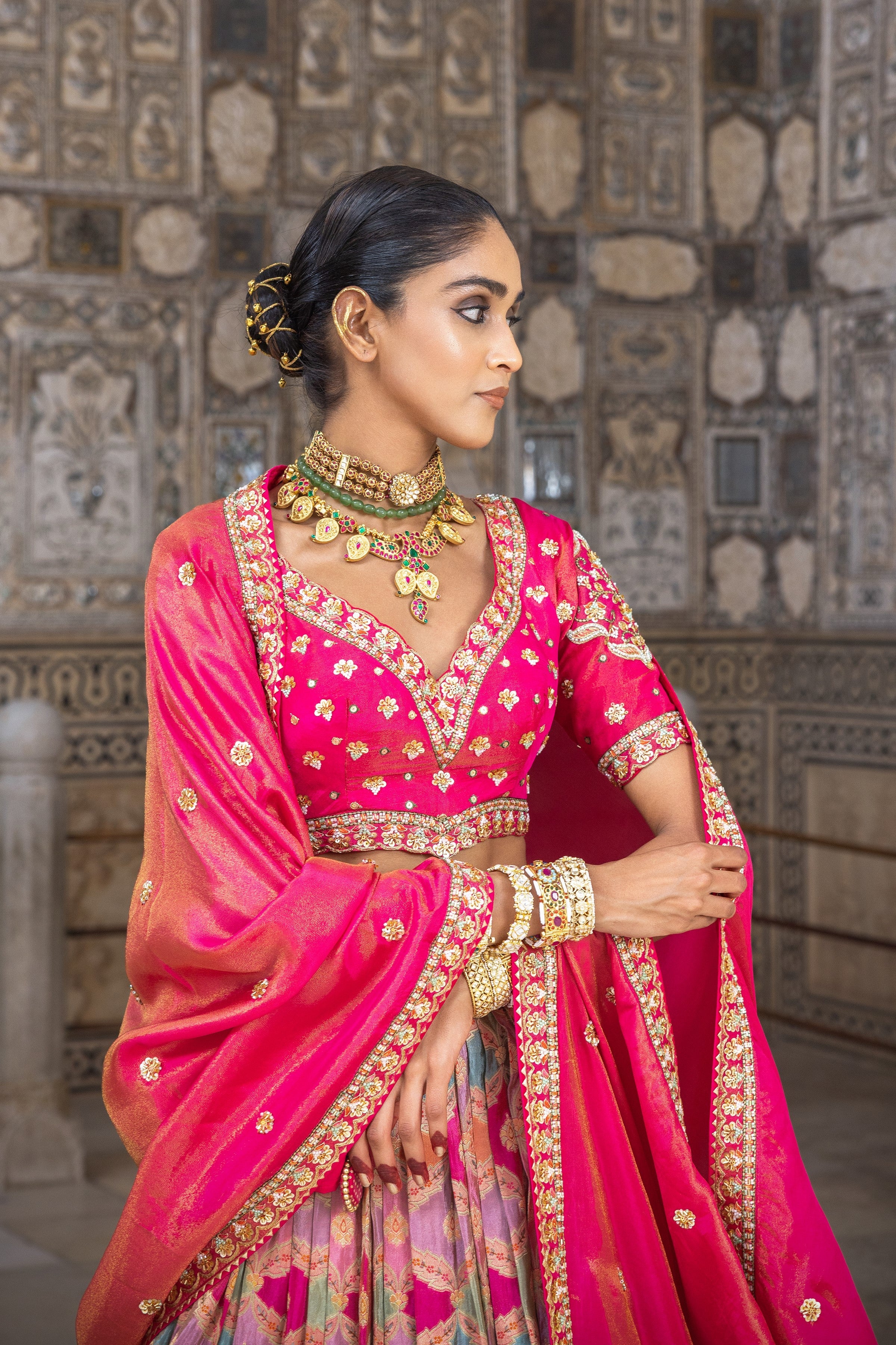 Pink Handwork Satin Silk Lehenga Set - Image 4