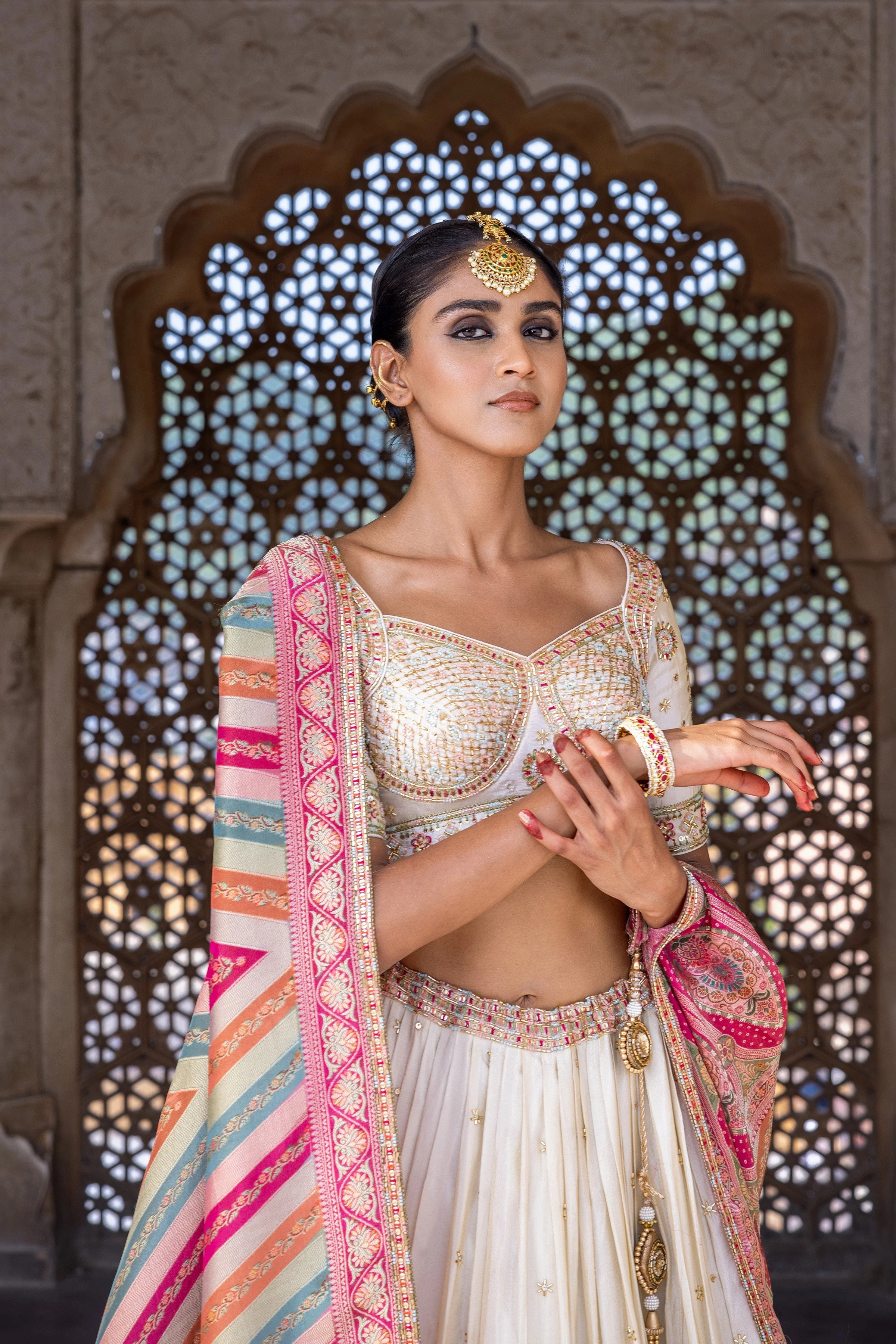 Ivory Handwork Satin Silk Lehenga Set - Image 4
