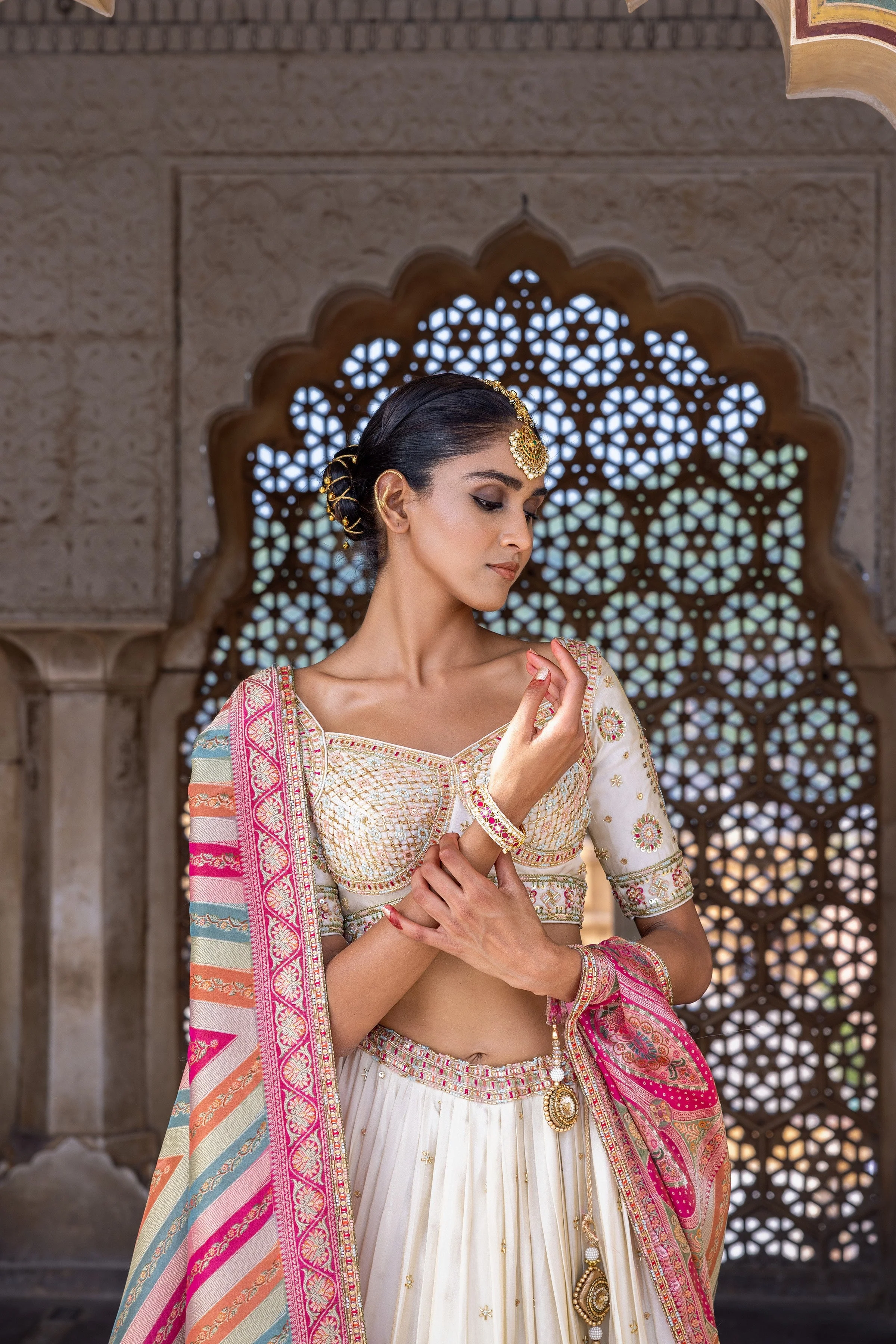 Ivory Handwork Satin Silk Lehenga Set - Image 5