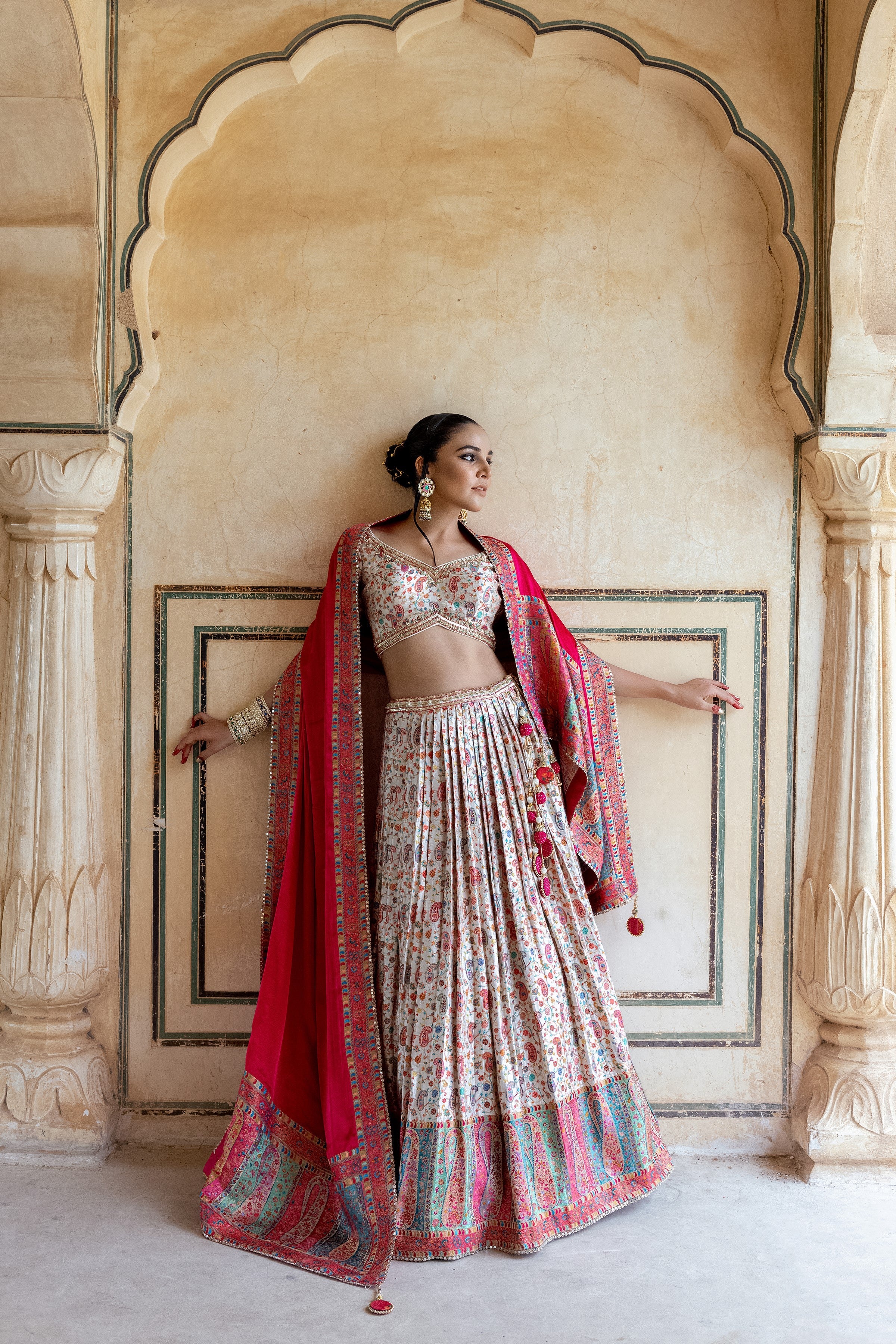 White Handwork Satin Silk Lehenga Set - Image 3