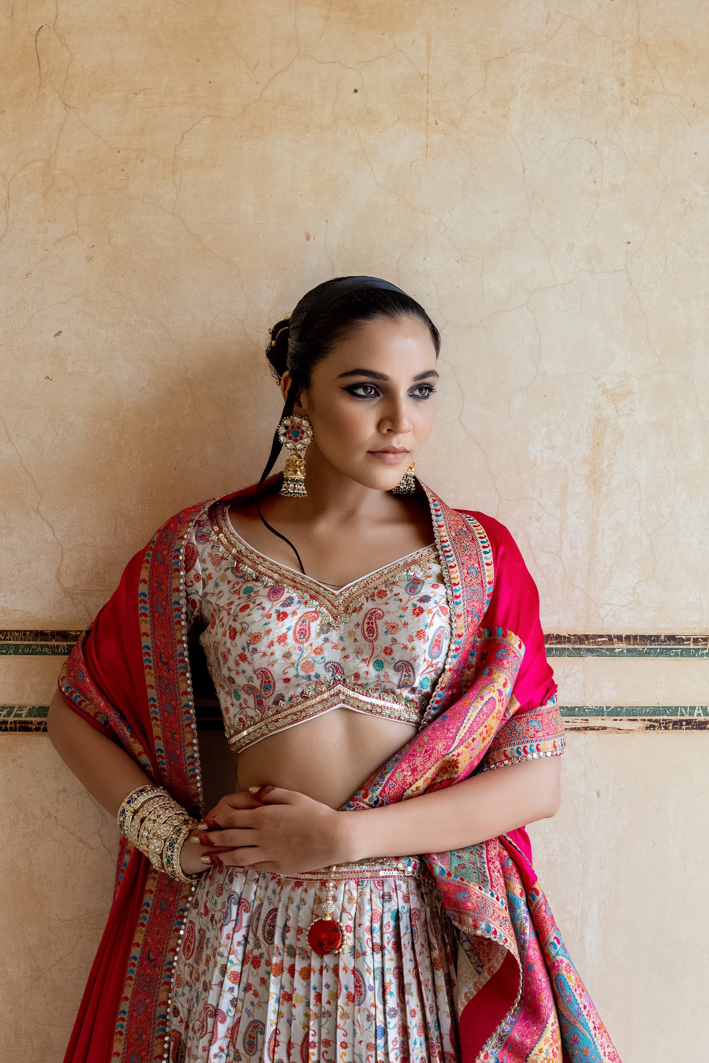 White Handwork Satin Silk Lehenga Set - Image 4