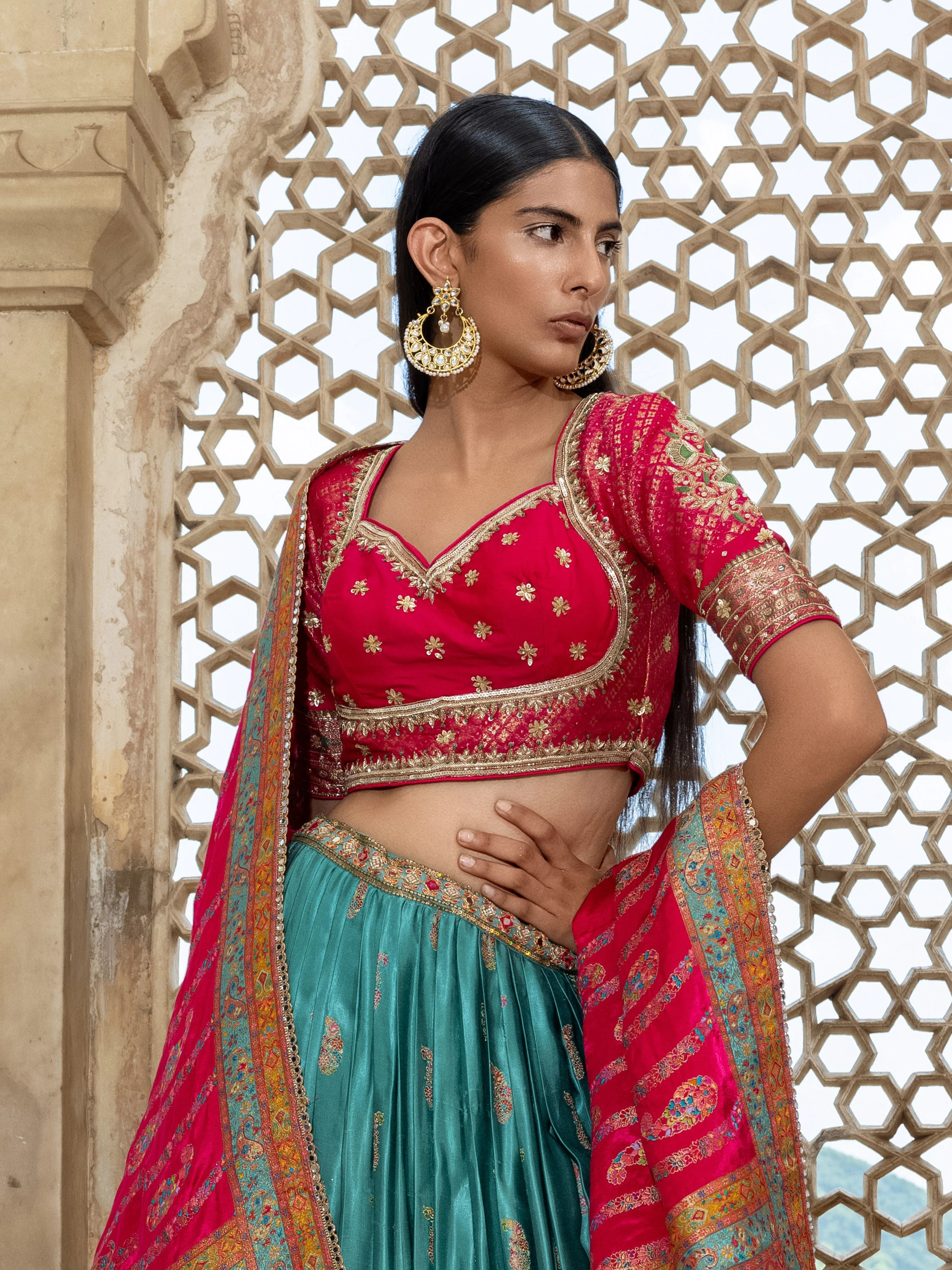 Teal Handwork Satin Silk Lehenga Set - Image 2