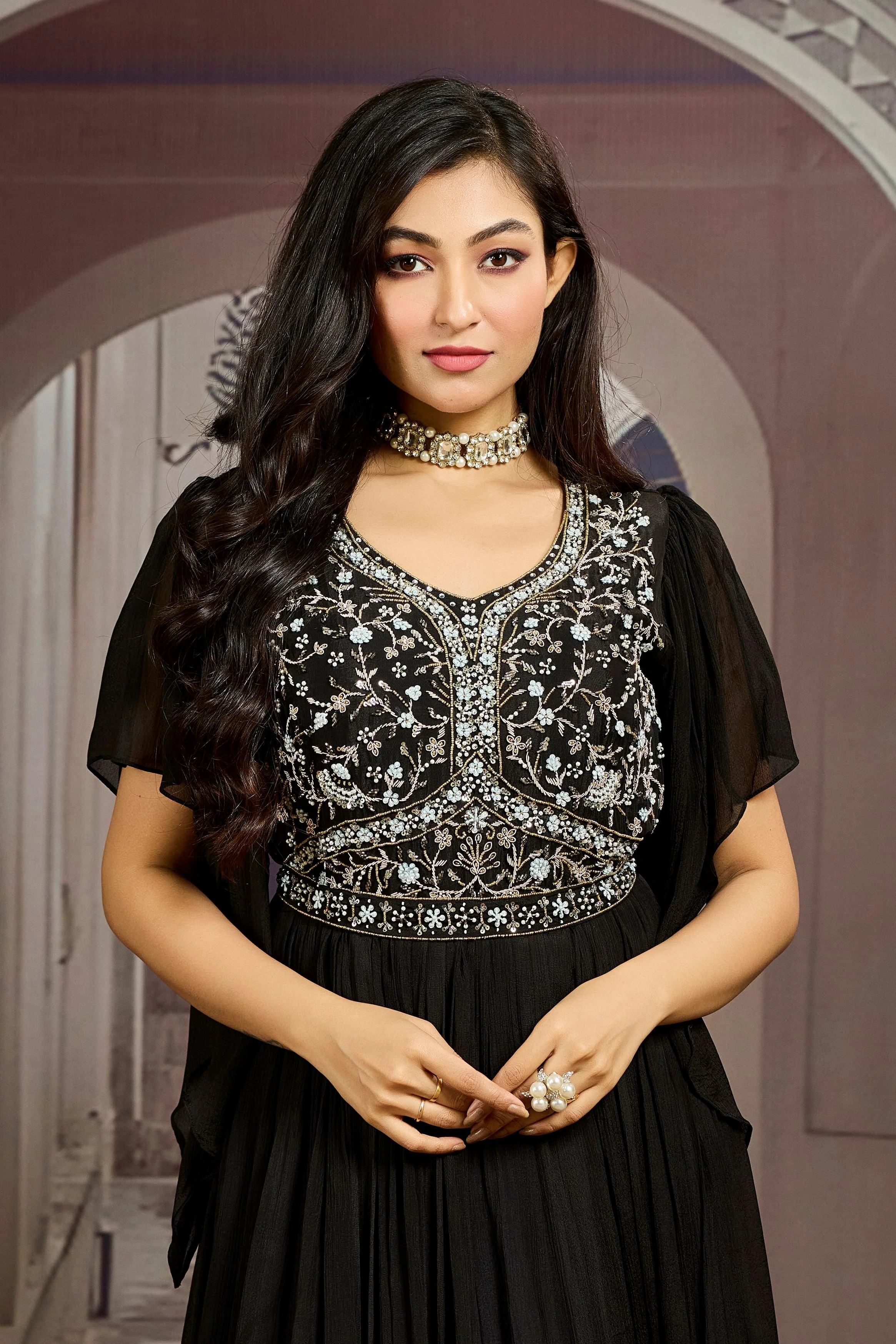 Hot Black Embellished Chinon Silk Gown - Image 2