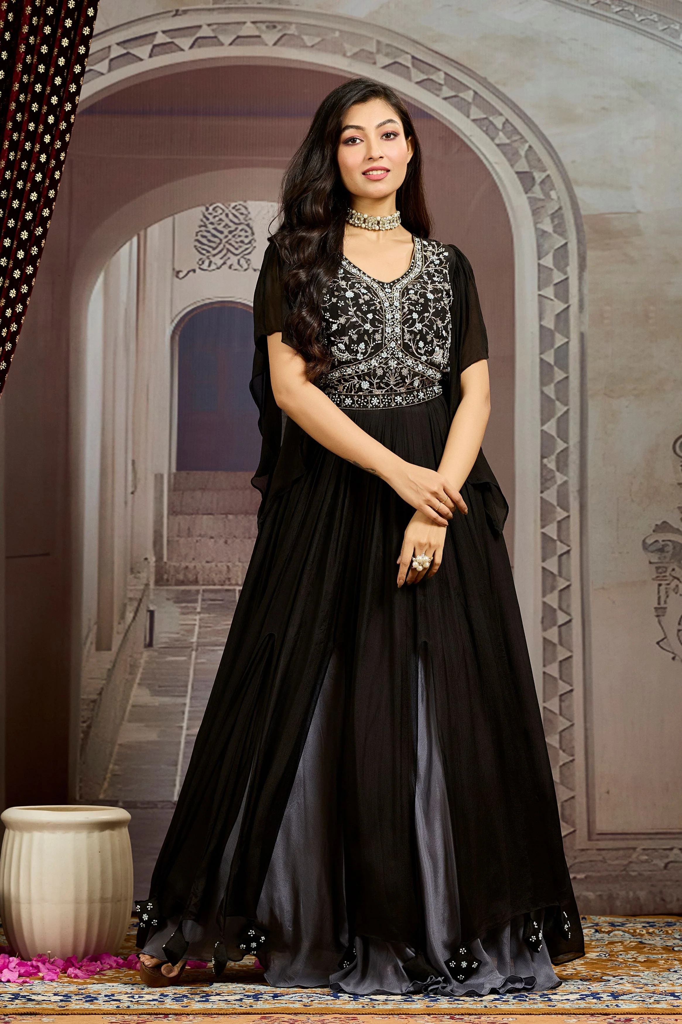 Hot Black Embellished Chinon Silk Gown - Image 3