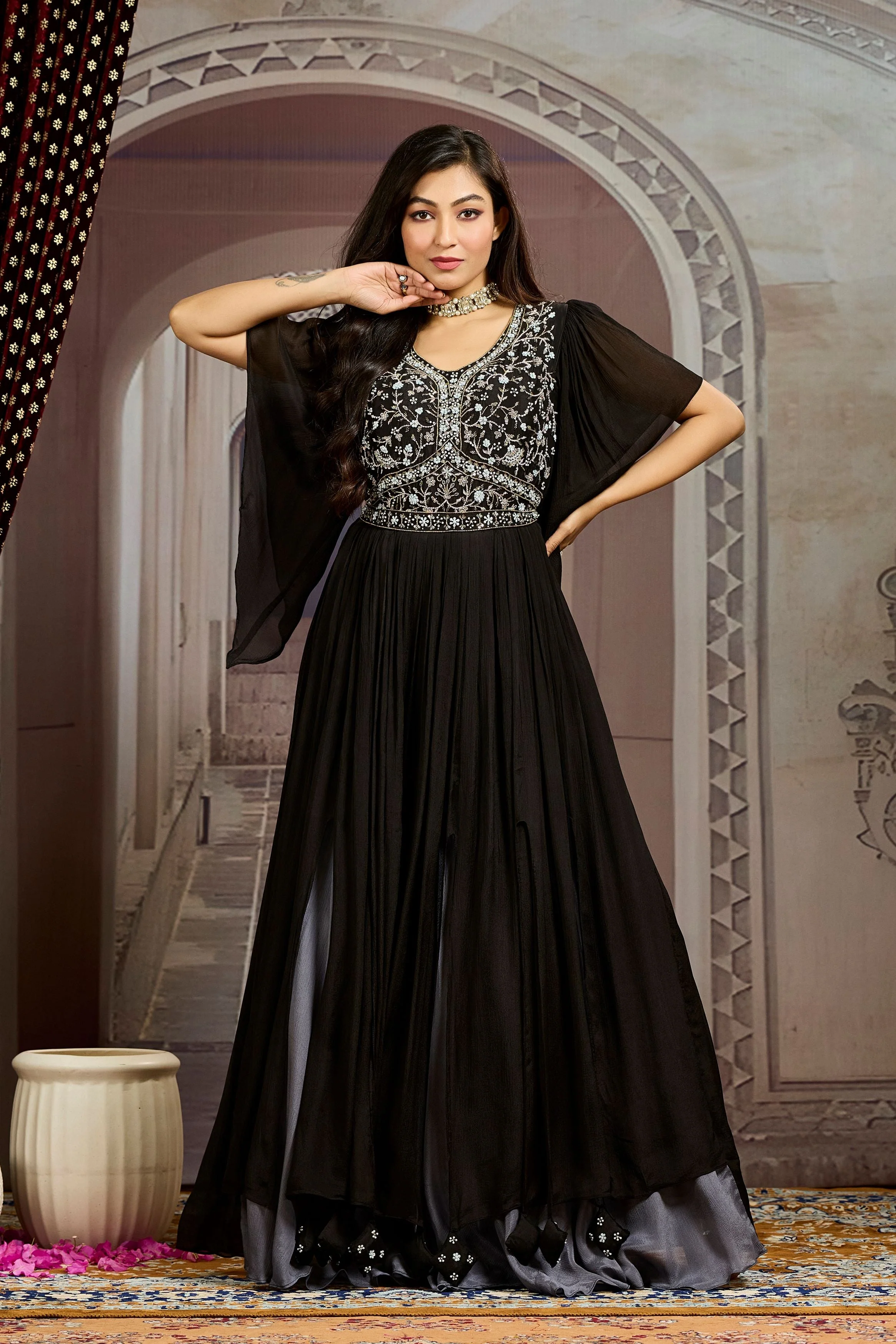 Hot Black Embellished Chinon Silk Gown - Image 4
