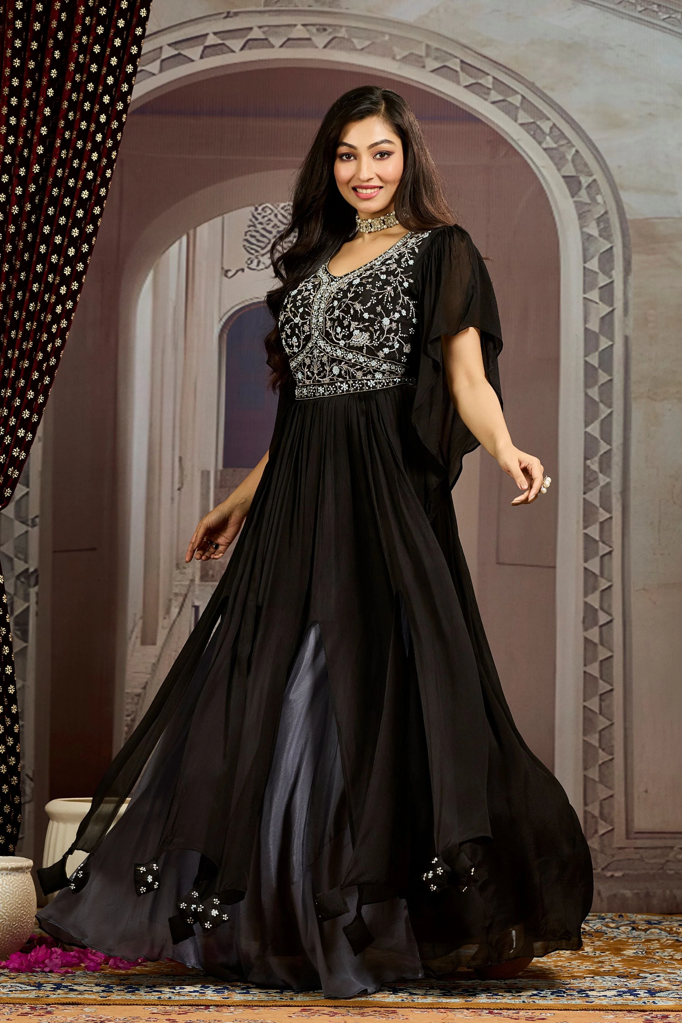 Hot Black Embellished Chinon Silk Gown - Image 5