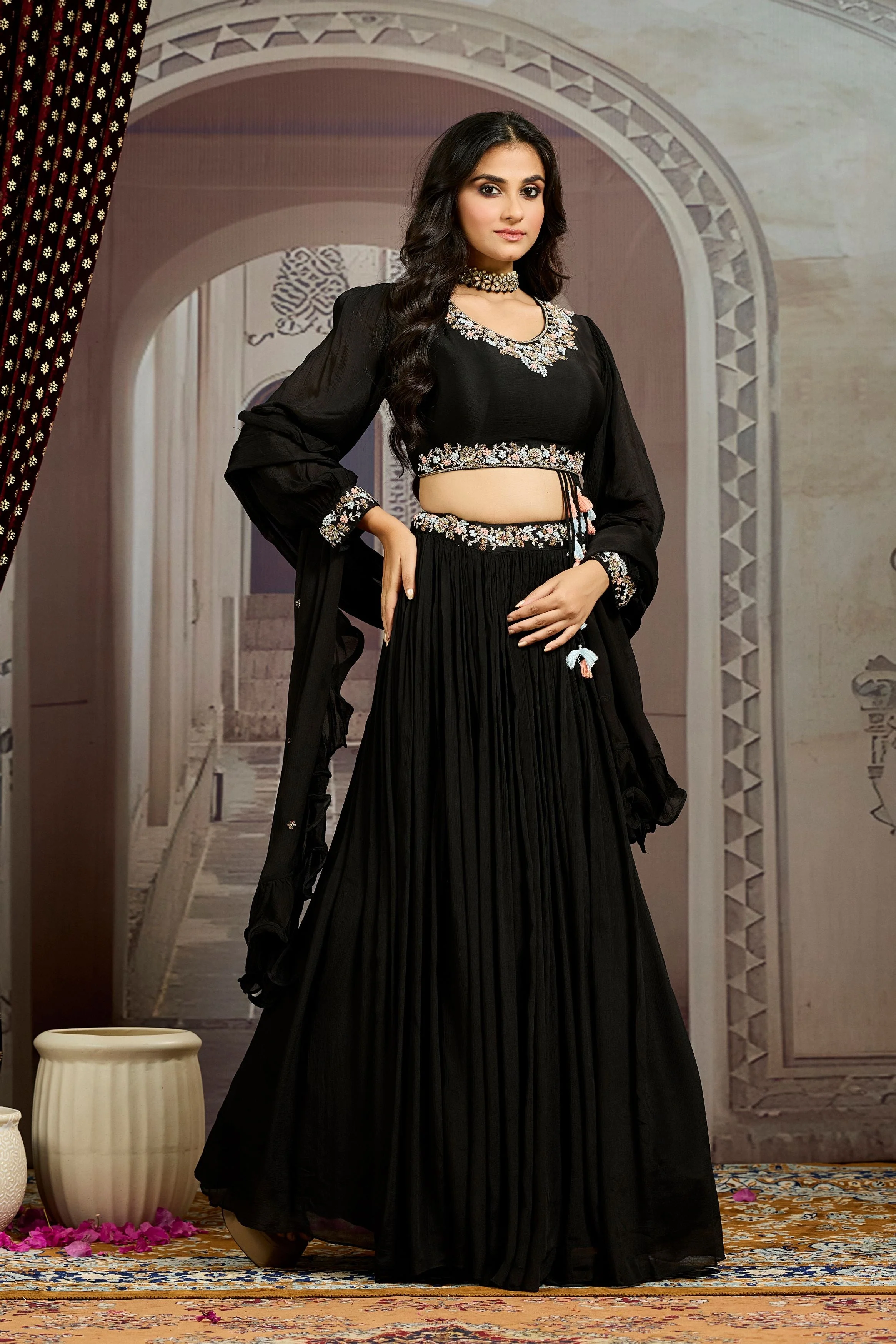 Hot Black Embellished Chinon Silk Skirt Set - Image 3