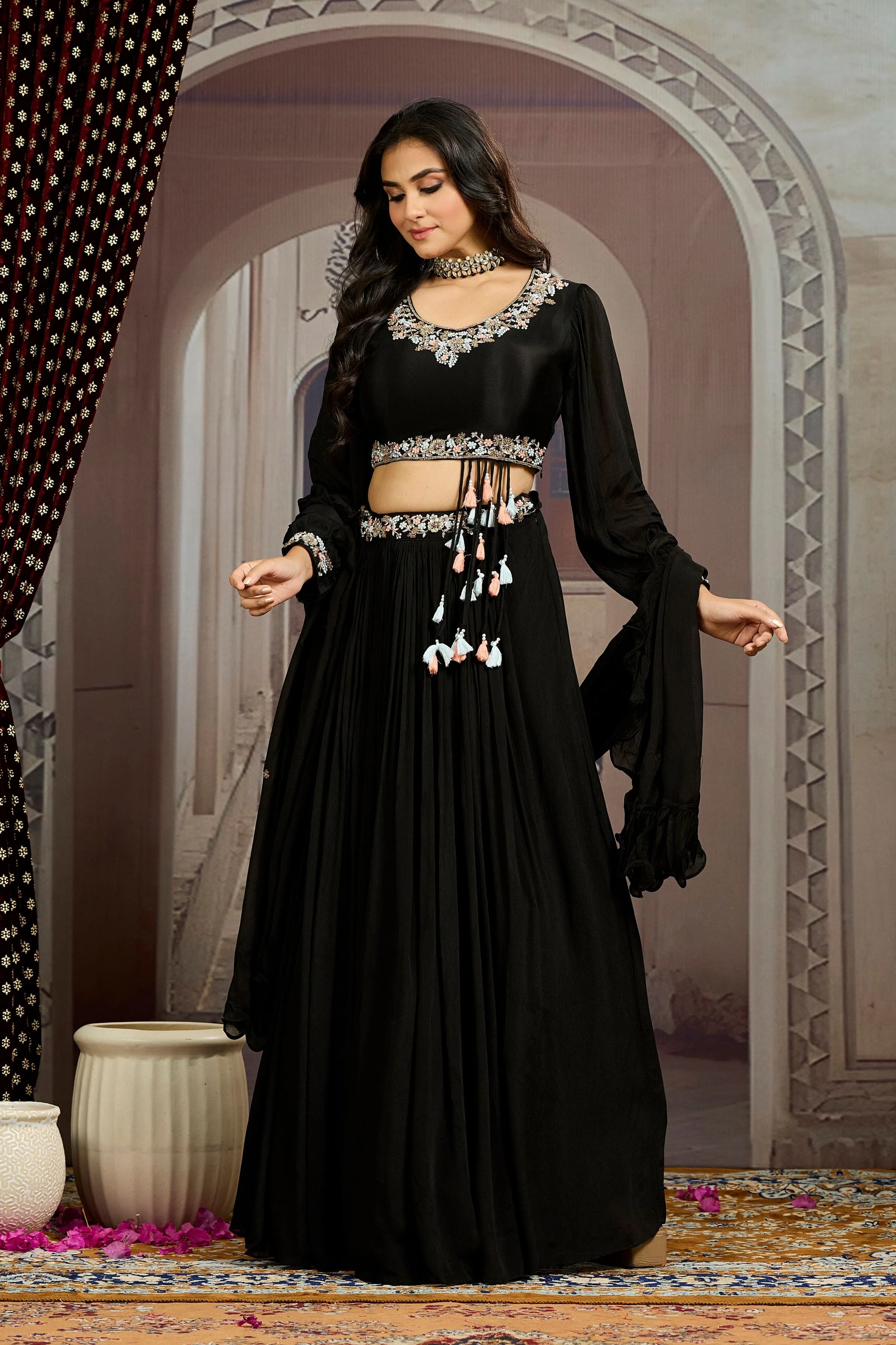 Hot Black Embellished Chinon Silk Skirt Set - Image 4