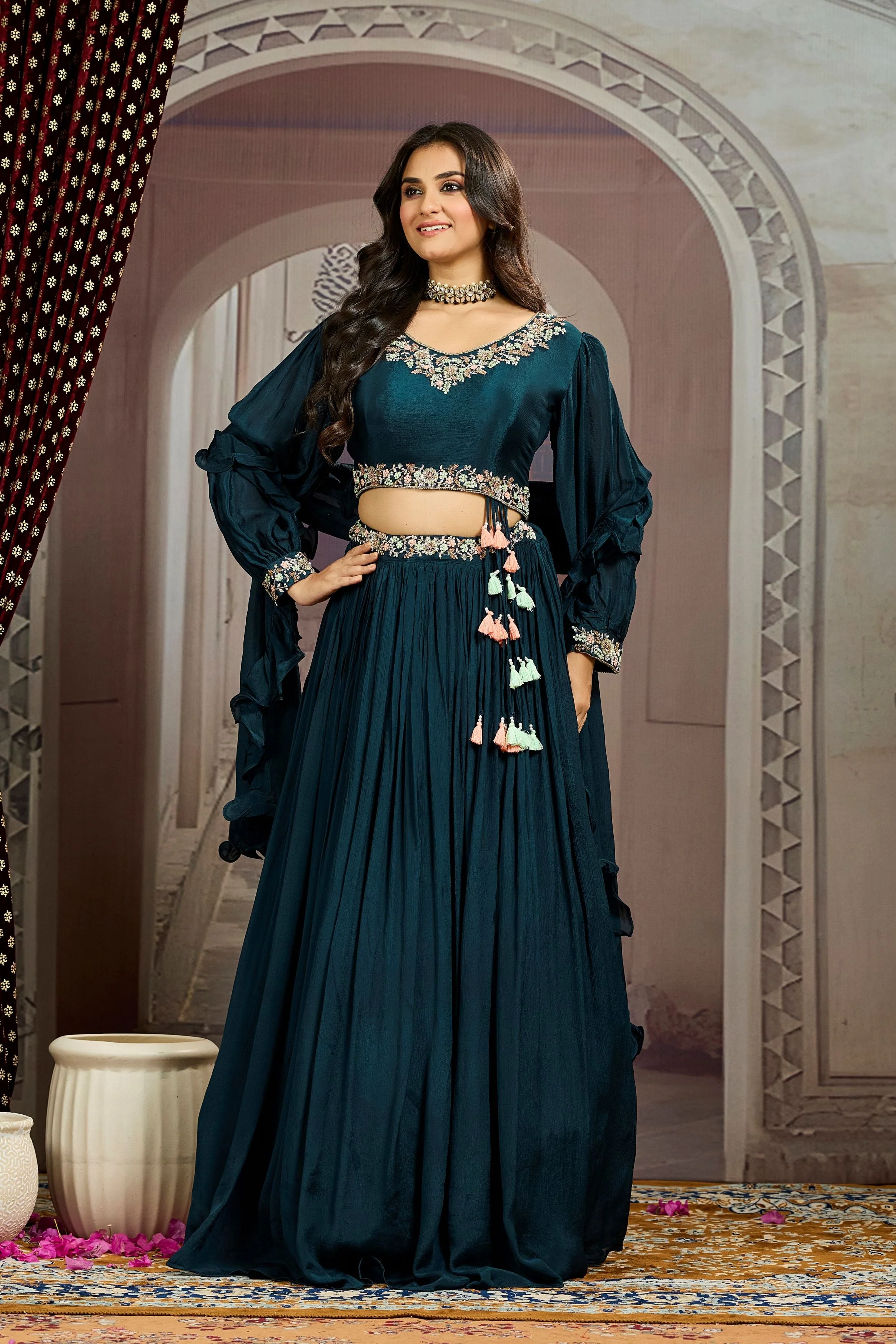Deep Teal Embellished Chinon Silk Skirt Set - Image 3