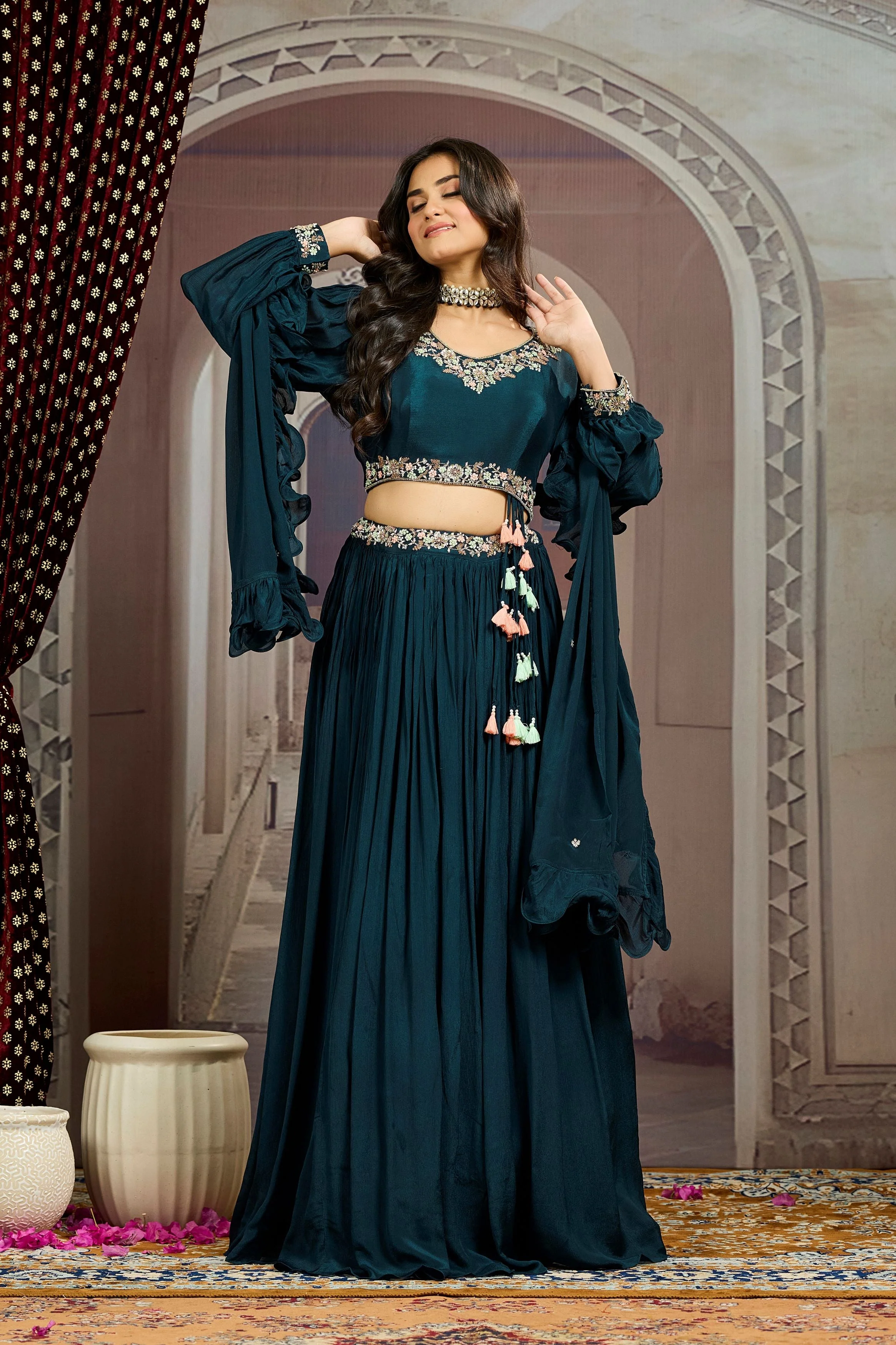 Deep Teal Embellished Chinon Silk Skirt Set - Image 4